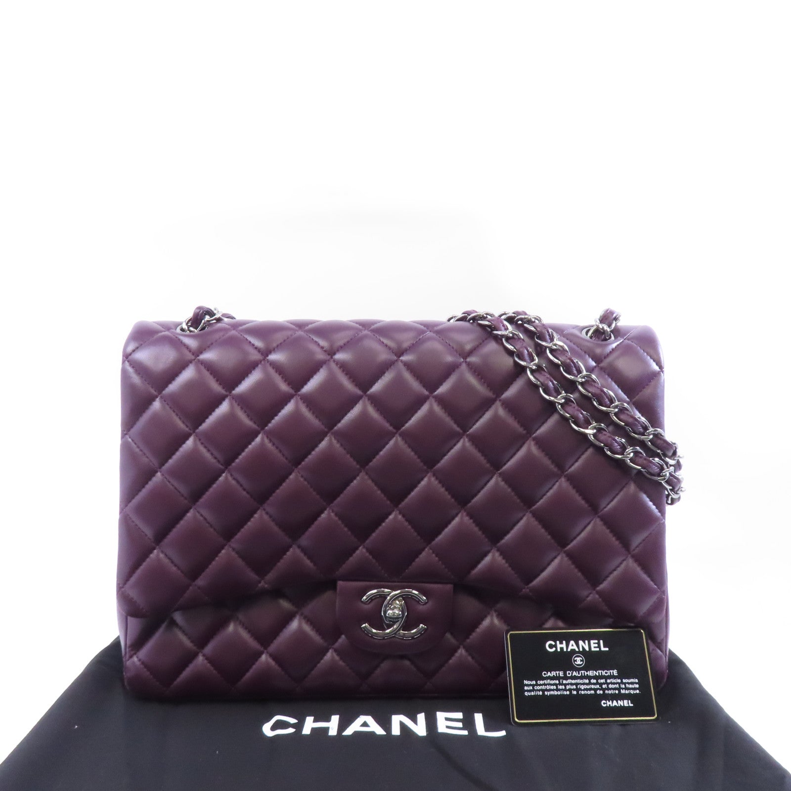 CHANEL 【激減優惠】菱格羊皮皮革Classic Maxi銀扣鏈帶肩背袋紫色