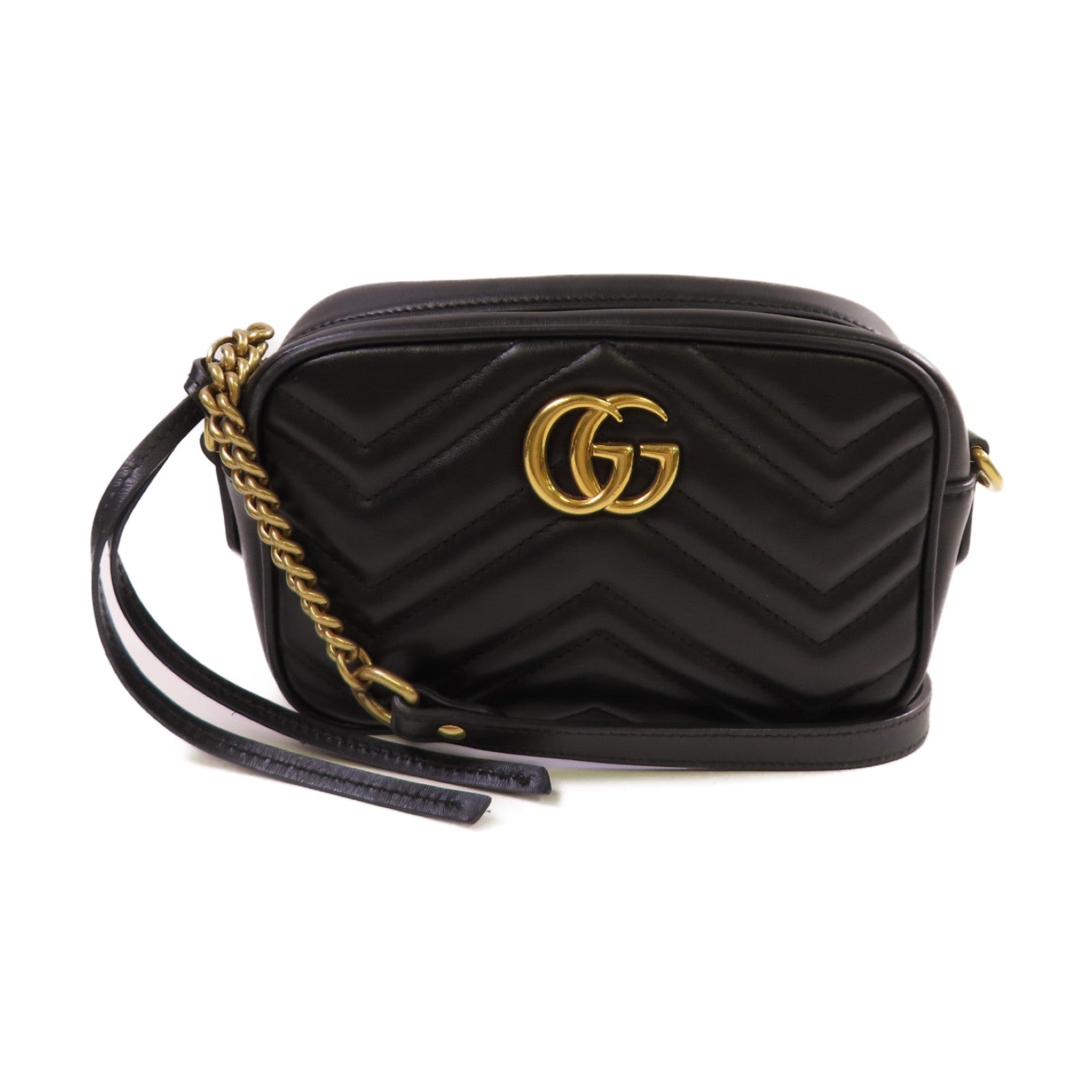 GUCCI Chevron皮革GG Marmont Mini Chain Shoulder Bag金扣肩背袋黑色