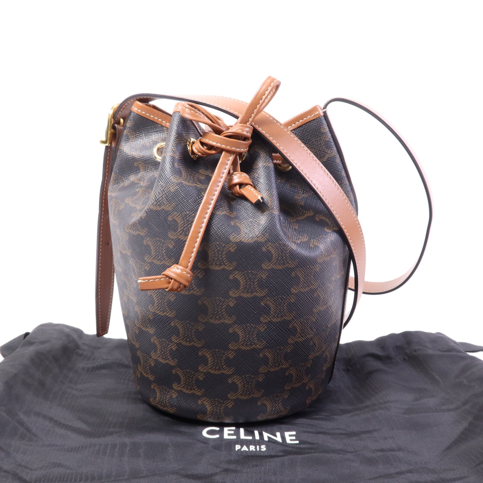 CELINE 塗層帆布Triomphe Drawstring Small Bucket金扣肩背袋