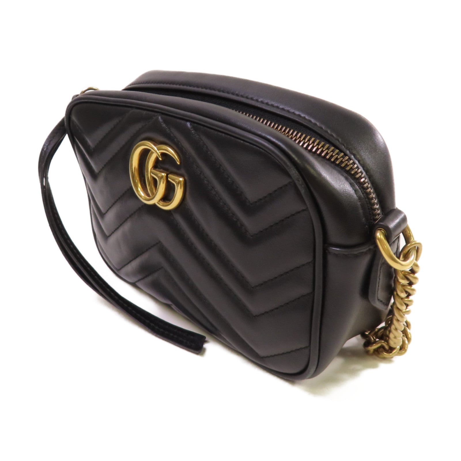 GUCCI Chevron皮革GG Marmont Mini Chain Shoulder Bag金扣肩背袋黑色