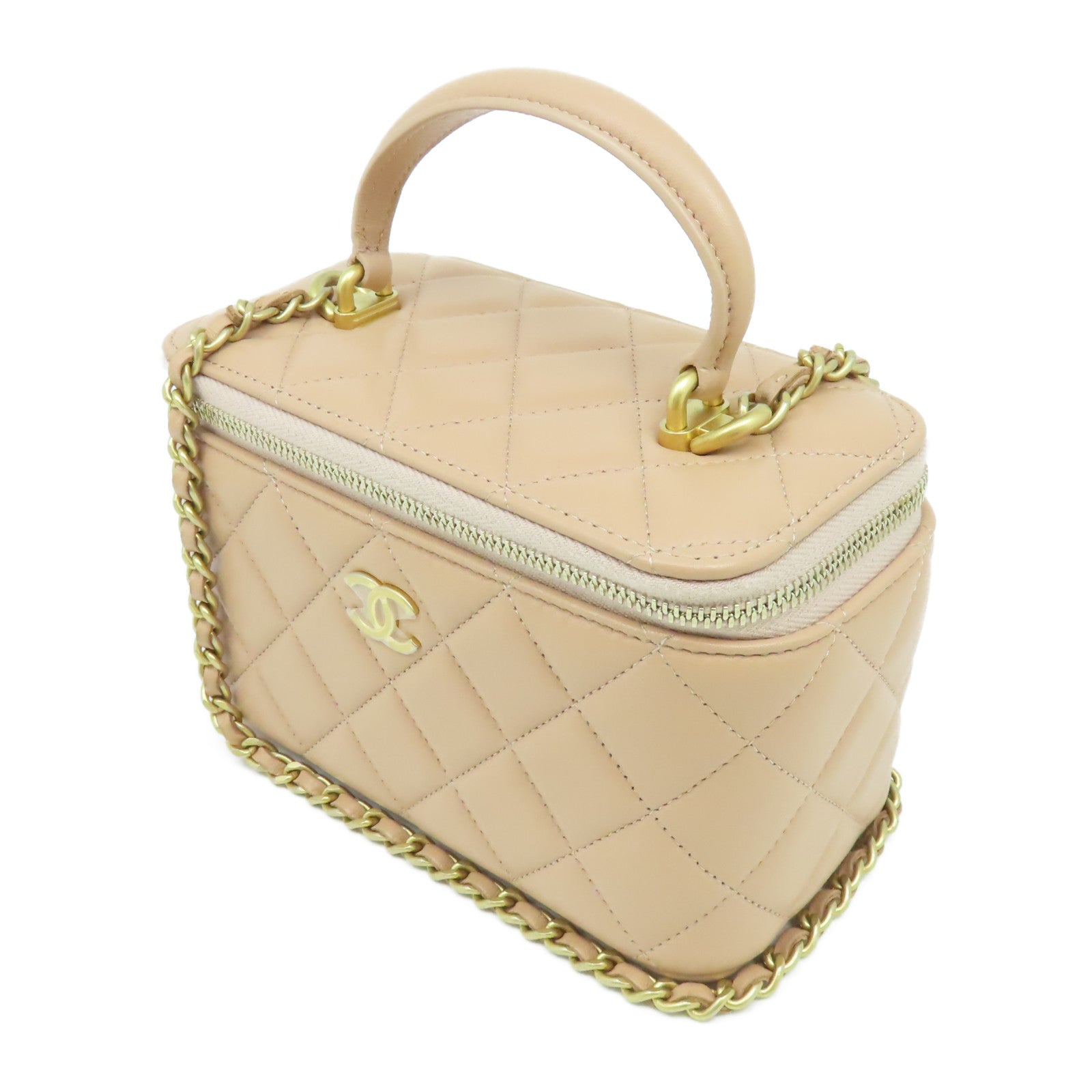 CHANEL 【激減優惠】菱格羊皮皮革Vanity Case金扣鏈帶肩背袋粉色