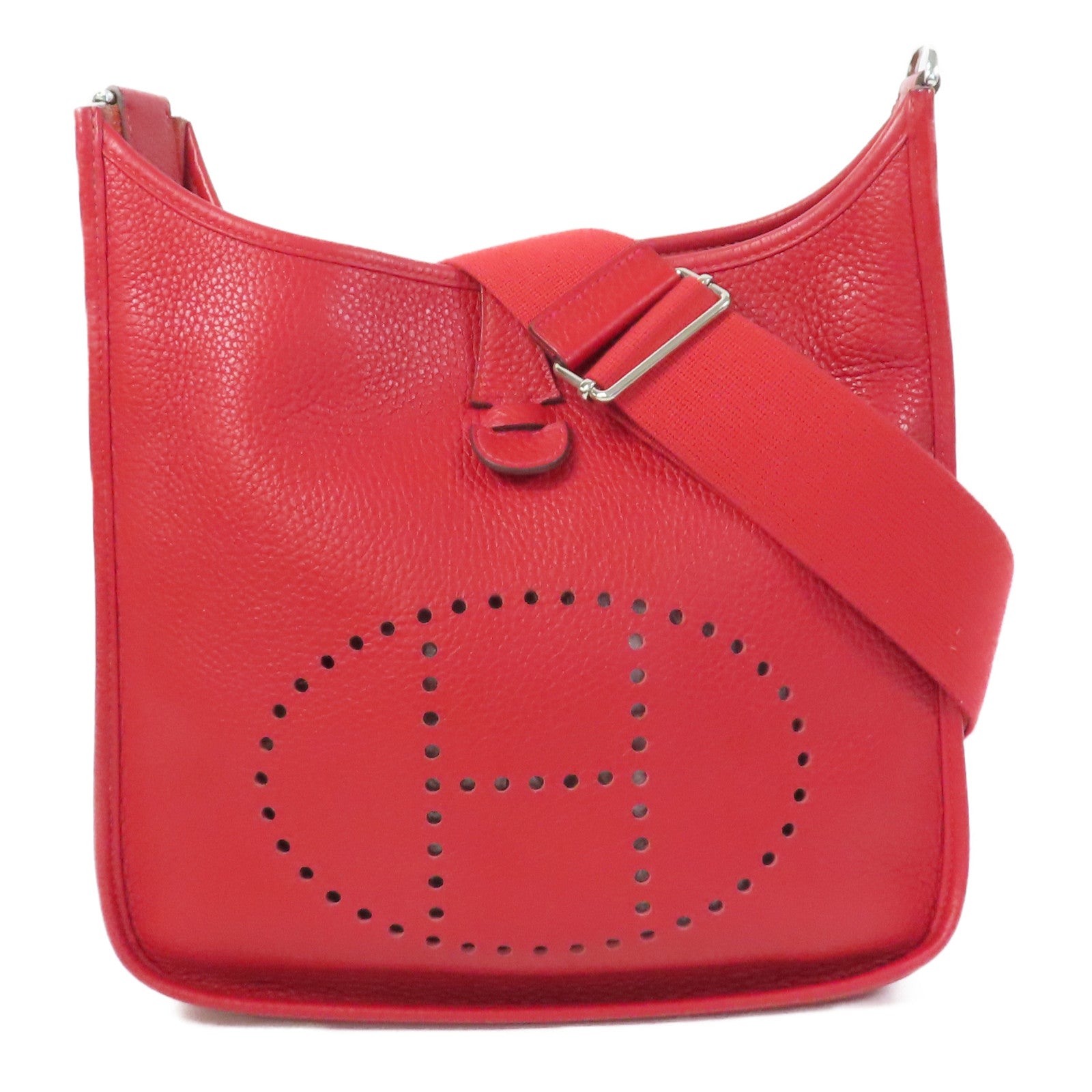HERMES Clemence皮革Evelyne PM銀扣肩背袋Rouge Casaque法拉利紅色