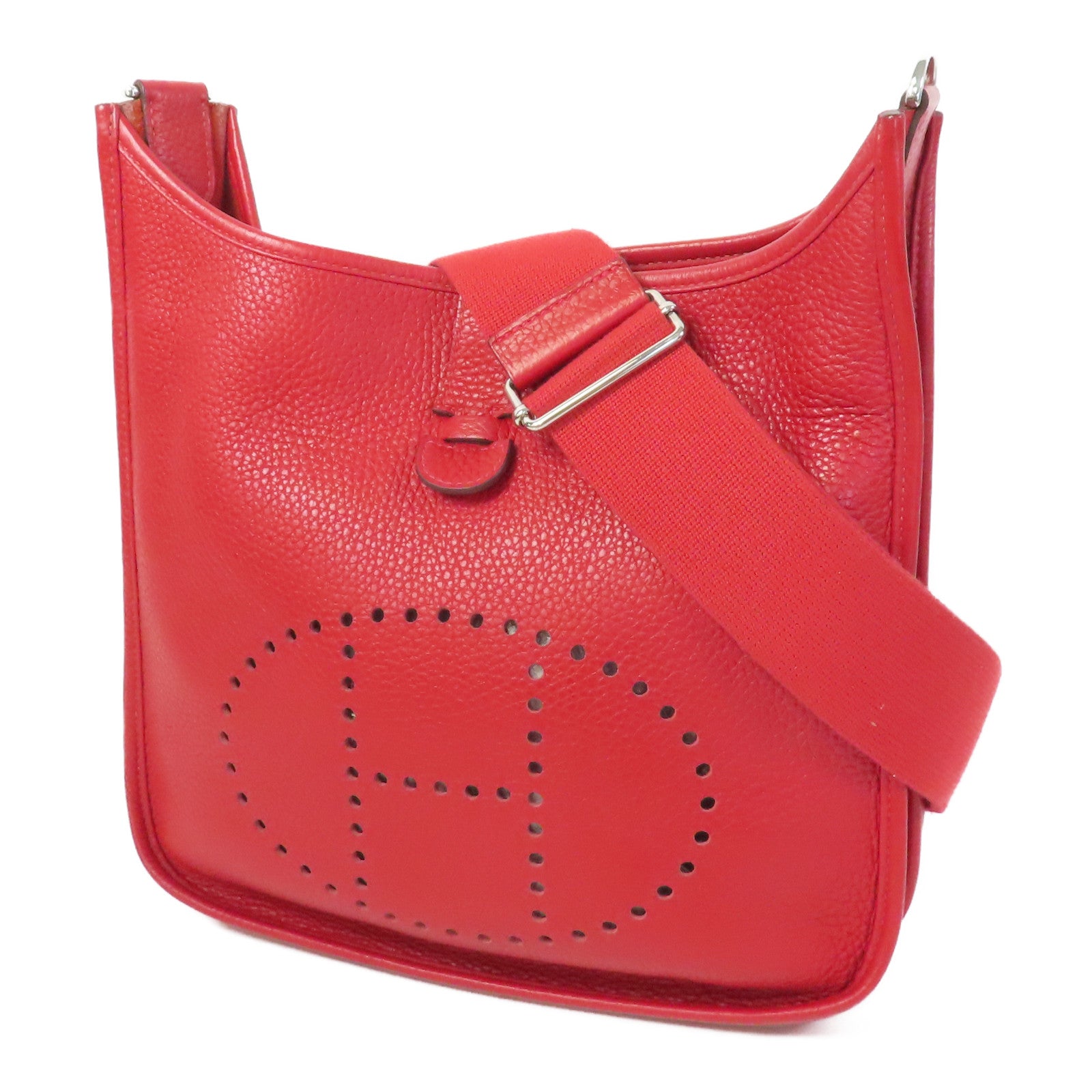 HERMES Clemence皮革Evelyne PM銀扣肩背袋Rouge Casaque法拉利紅色