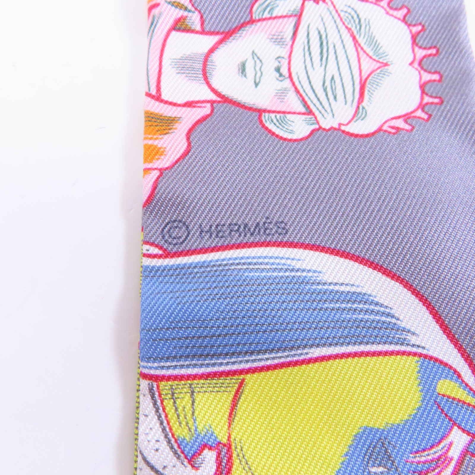HERMES 絲質Twilly絲巾灰色/黃色/粉紅色