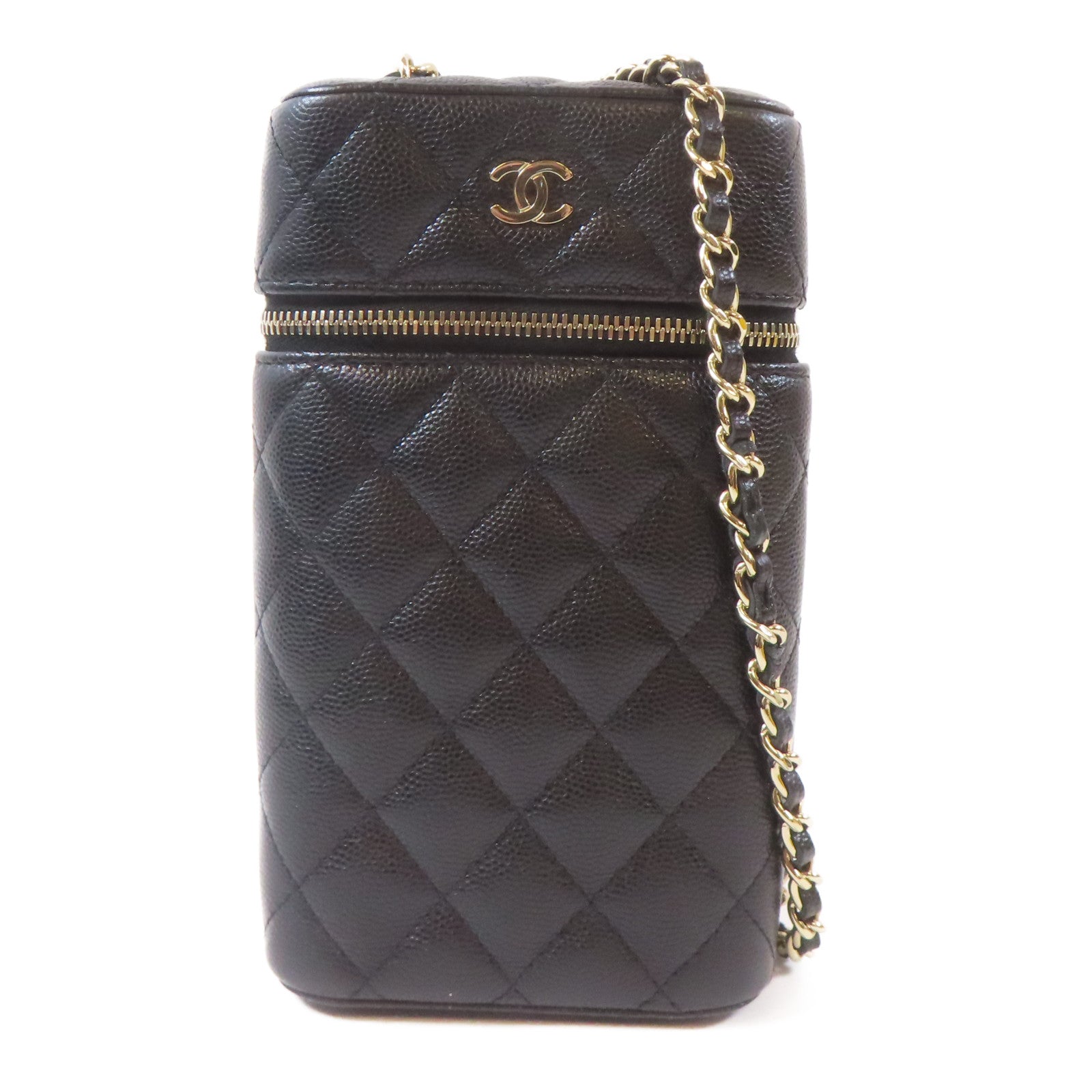 CHANEL 菱格牛皮皮革Vanity Phone Holder金扣鏈帶肩背袋黑色