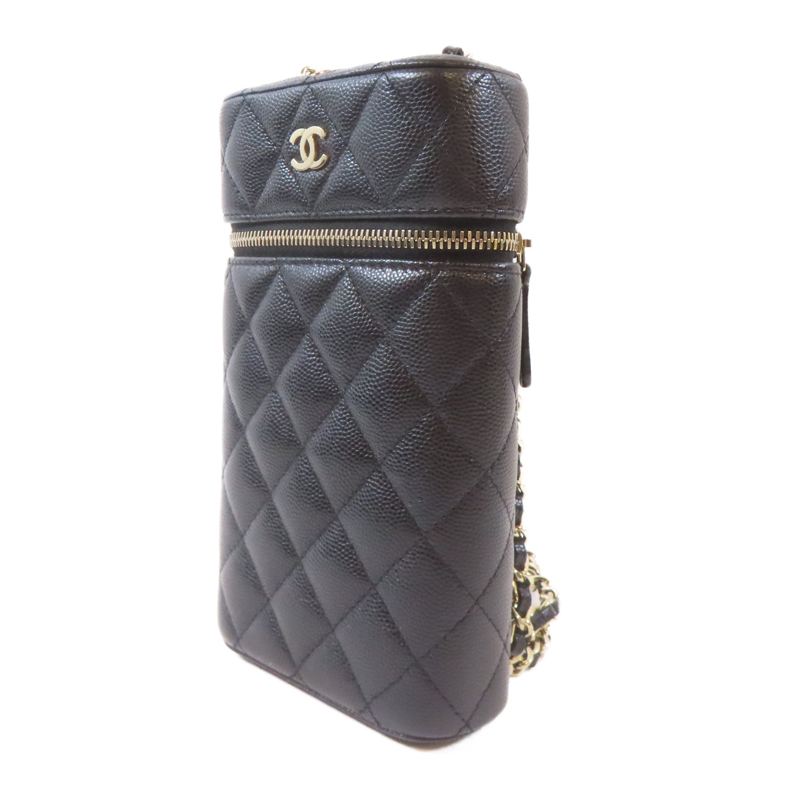 CHANEL 菱格牛皮皮革Vanity Phone Holder金扣鏈帶肩背袋黑色