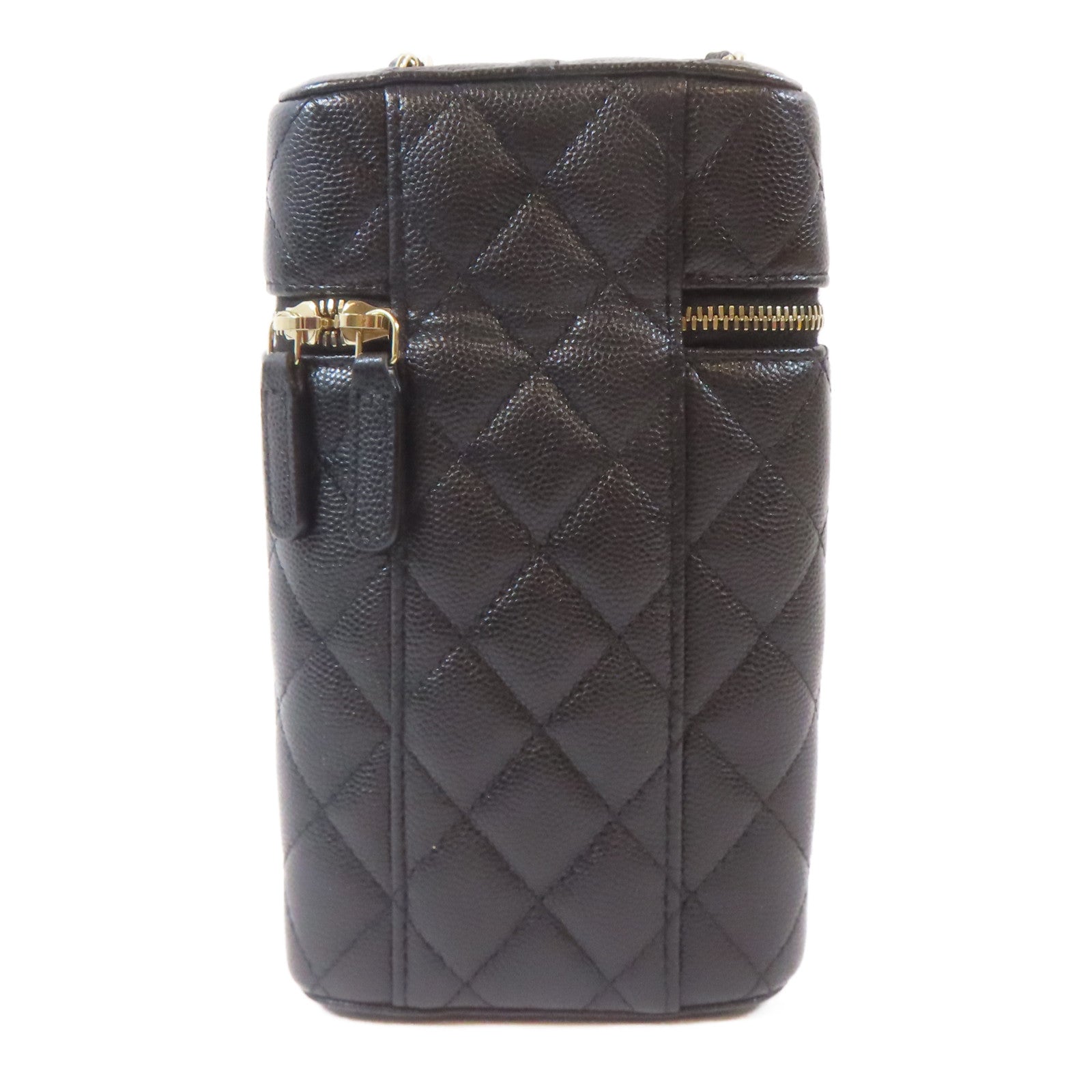 CHANEL 菱格牛皮皮革Vanity Phone Holder金扣鏈帶肩背袋黑色