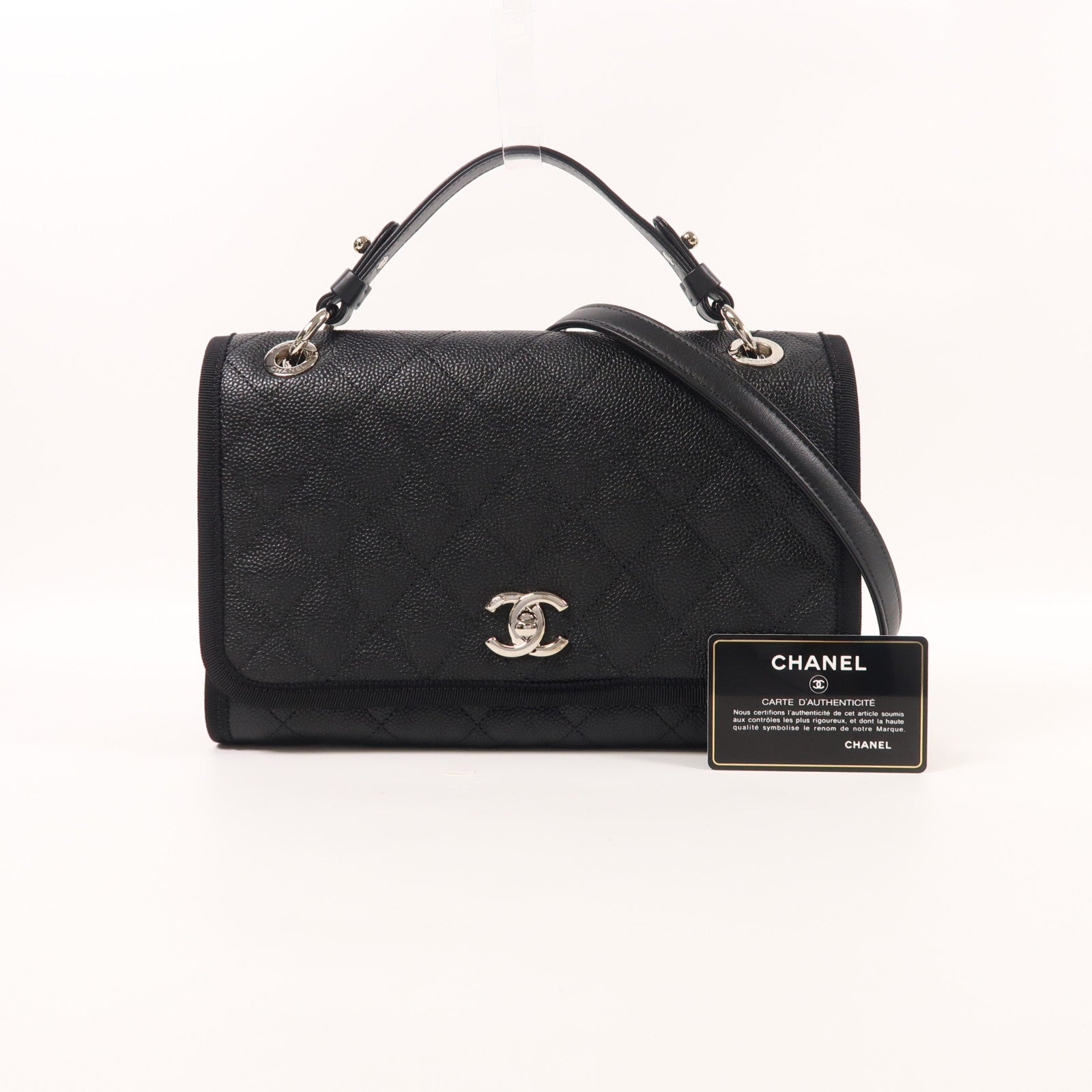 CHANEL CC SHW 2 Way Shoulder Bag Calfskin Leather Black