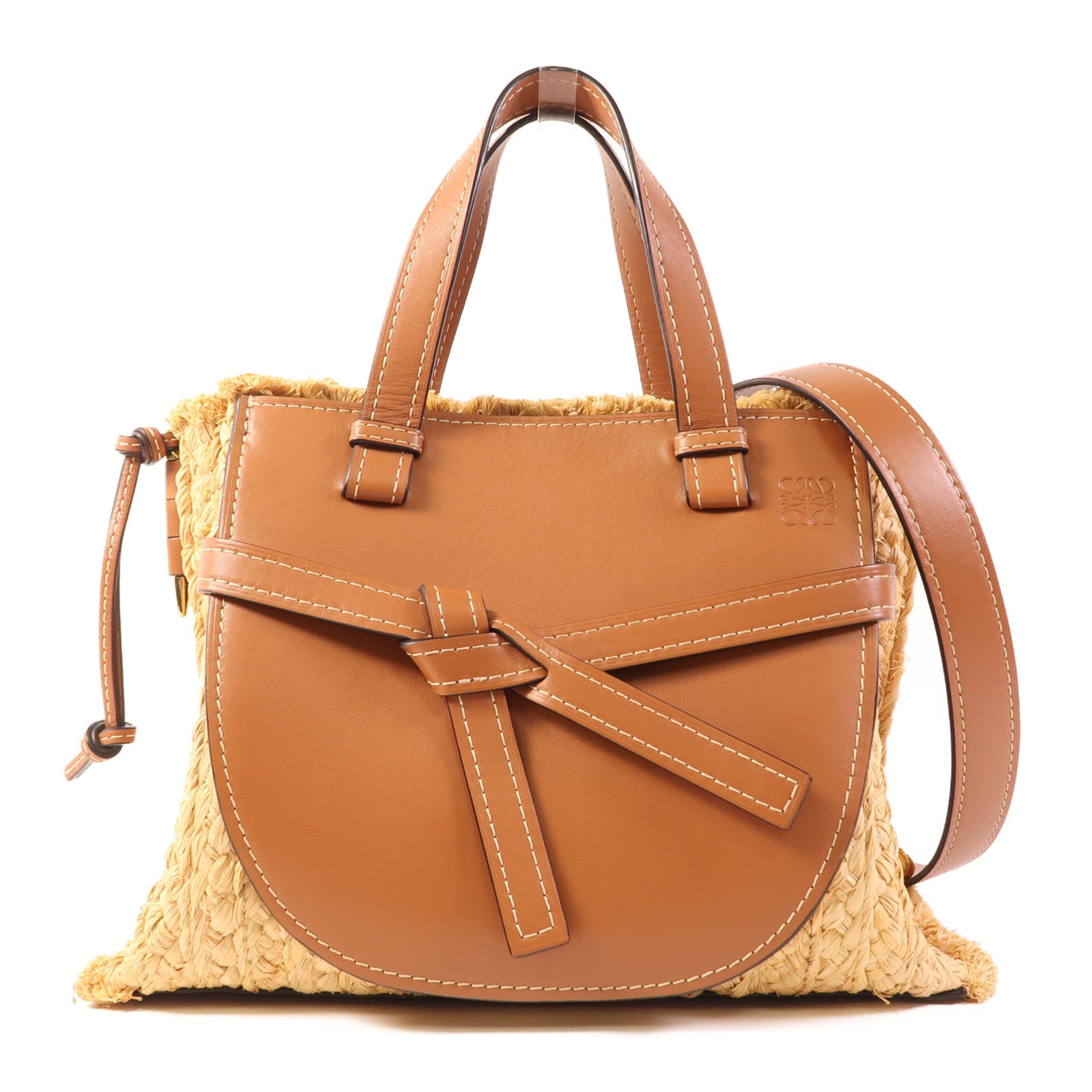 LOEWE 牛皮皮革/Raffia Small Gate Top Handle Bag金扣手挽肩背兩用袋