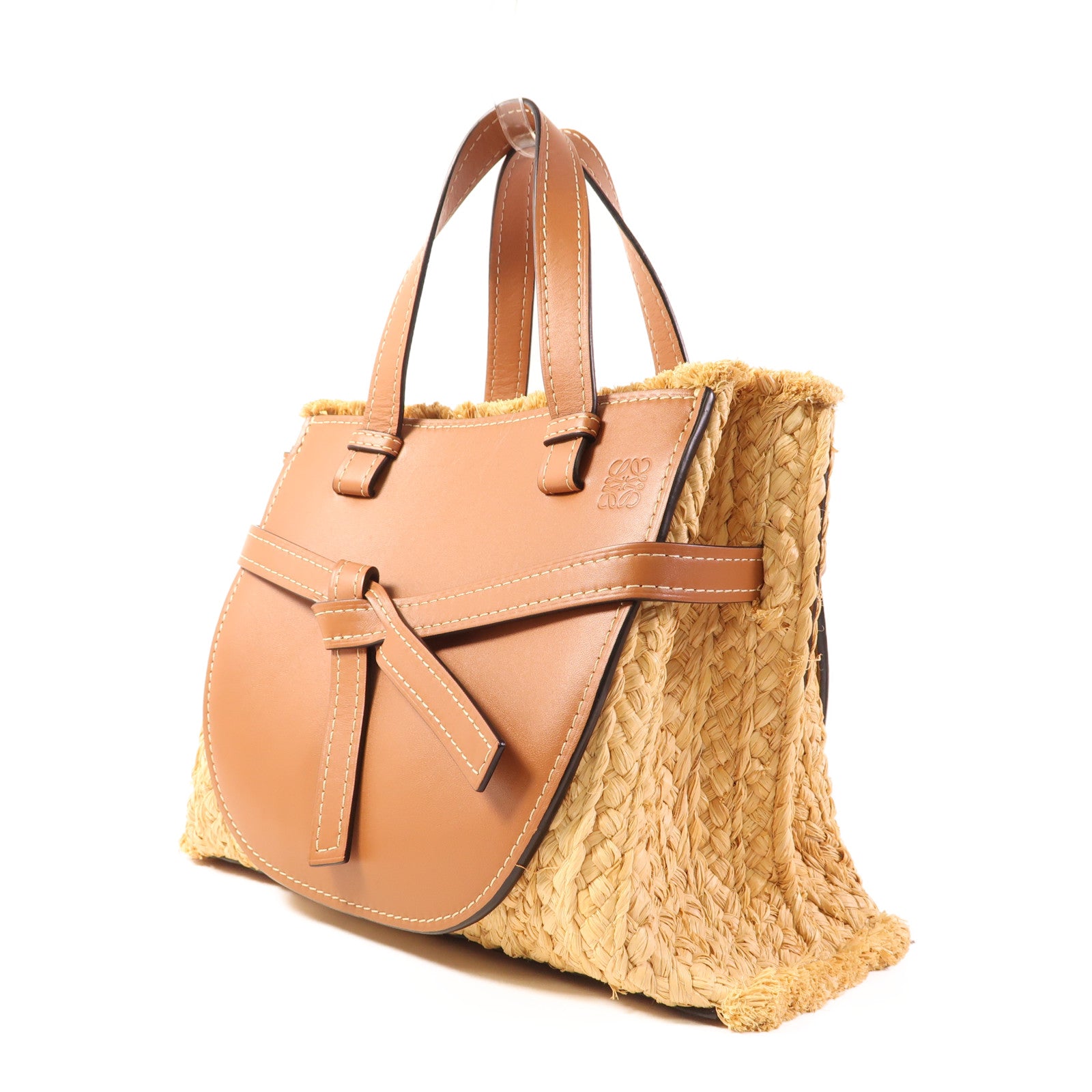 LOEWE 牛皮皮革/Raffia Small Gate Top Handle Bag金扣手挽肩背兩用袋
