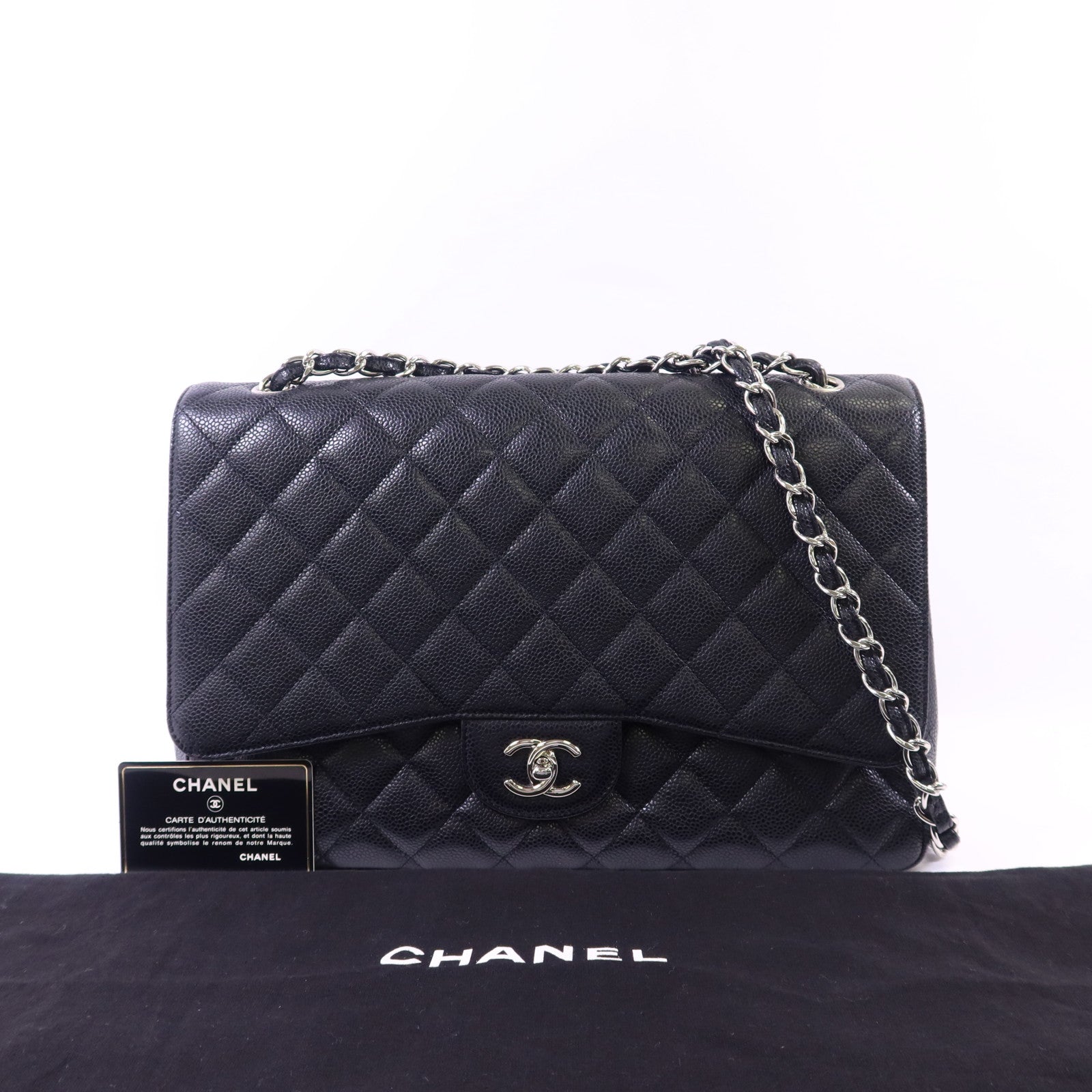 CHANEL 牛皮皮革Classic Maxi銀扣鏈帶肩背袋