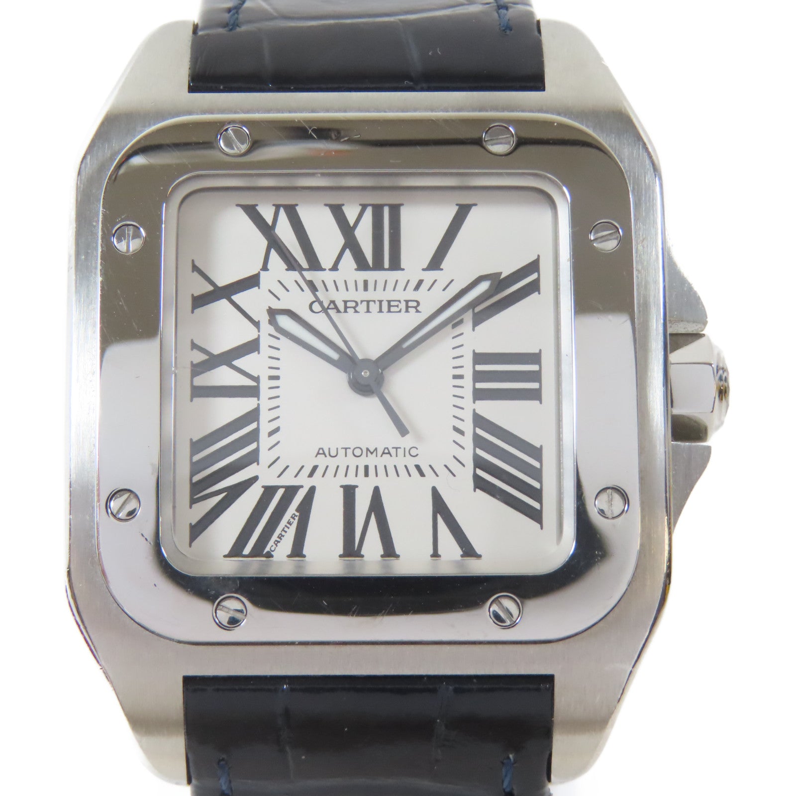 CARTIER Santos 100不鏽鋼/皮革手錶自動機芯白色#16cm