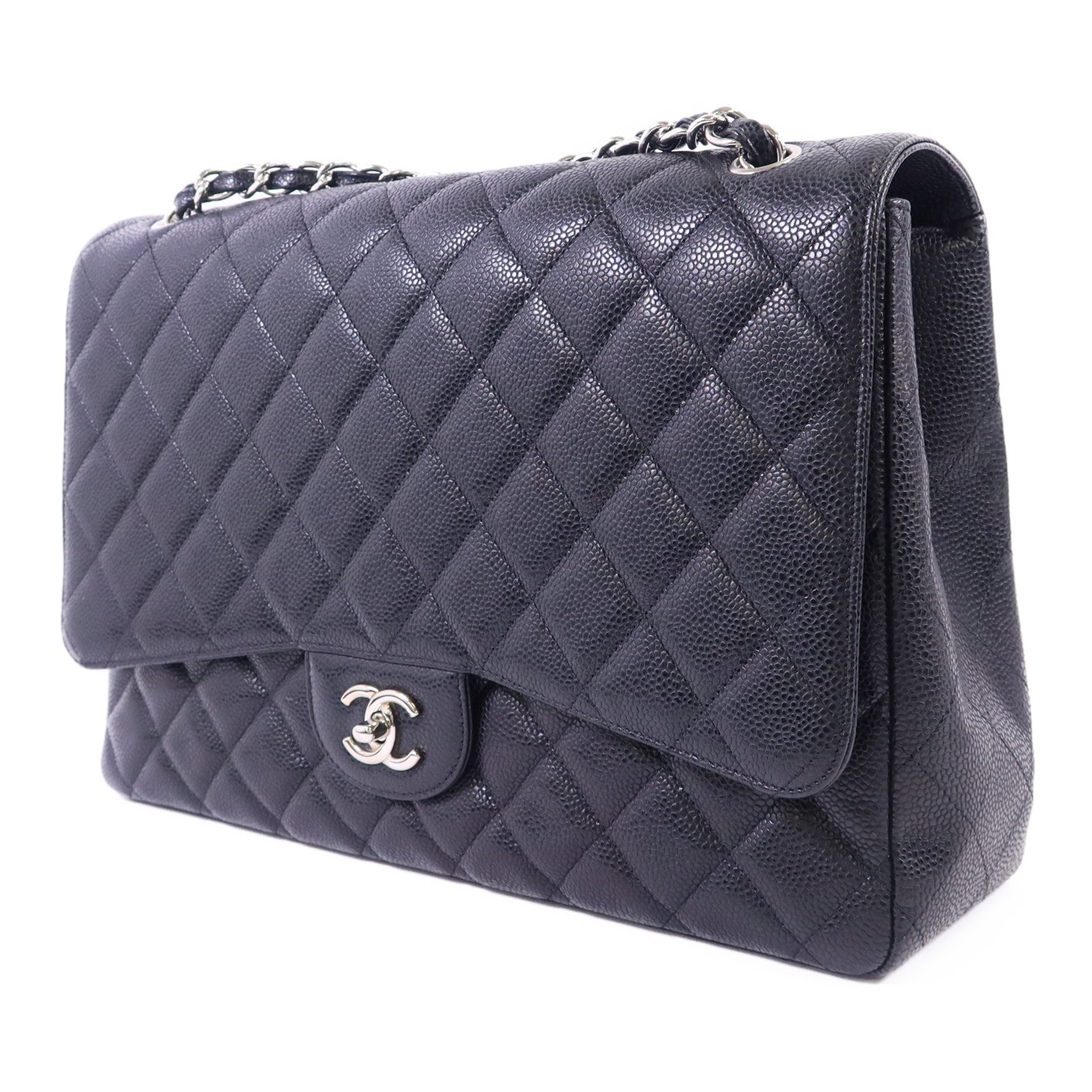 CHANEL 牛皮皮革Classic Maxi銀扣鏈帶肩背袋