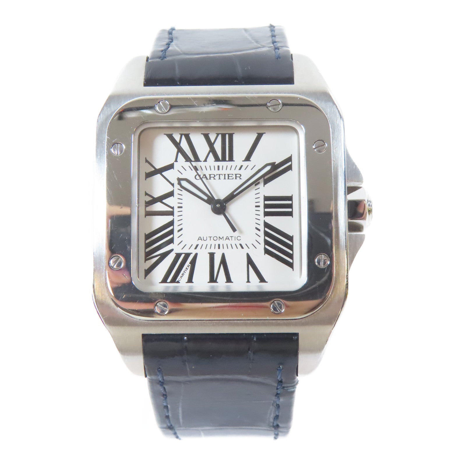 CARTIER Santos 100不鏽鋼/皮革手錶自動機芯白色#16cm
