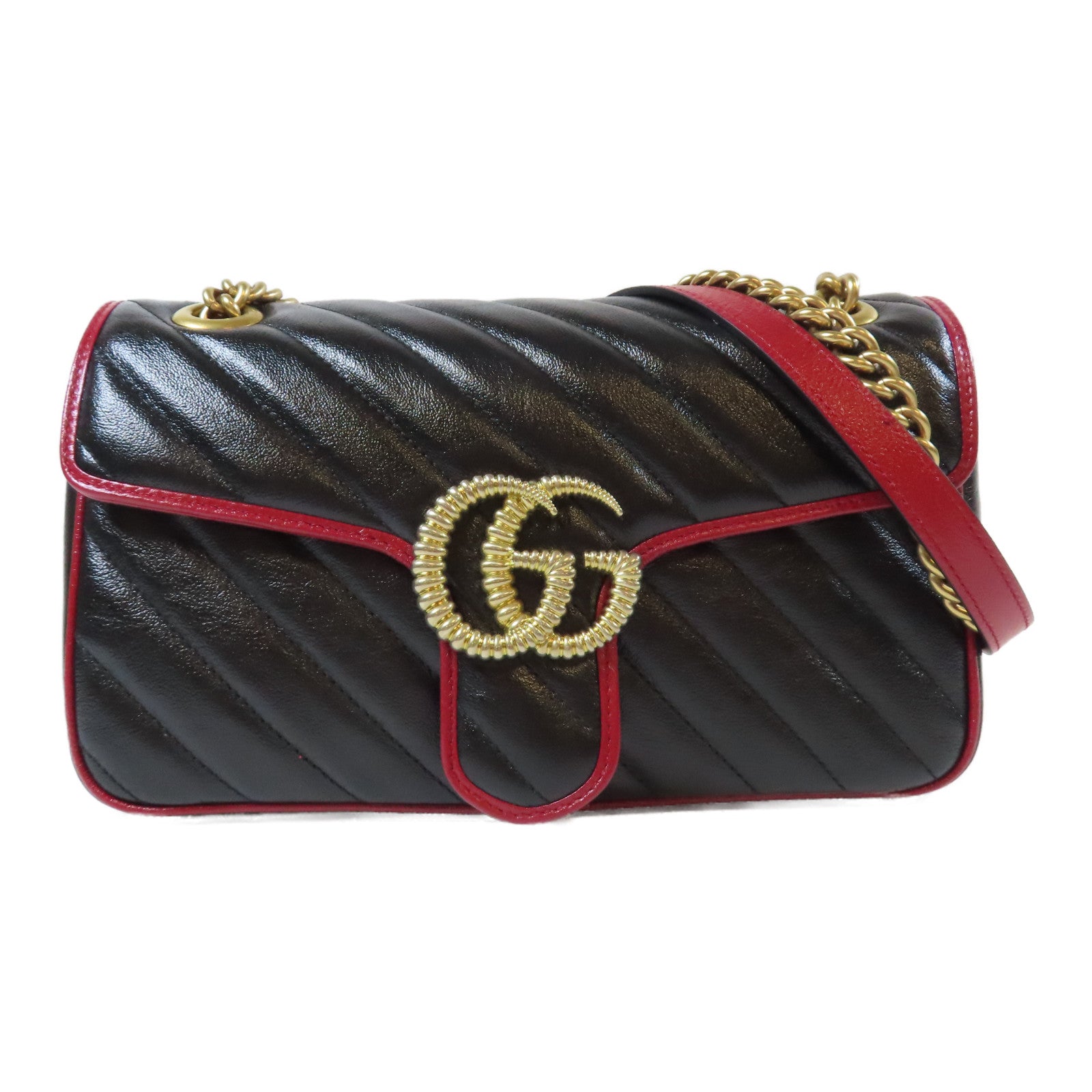 GUCCI 牛皮皮革GG Marmont金扣鏈帶肩背袋黑色/紅色