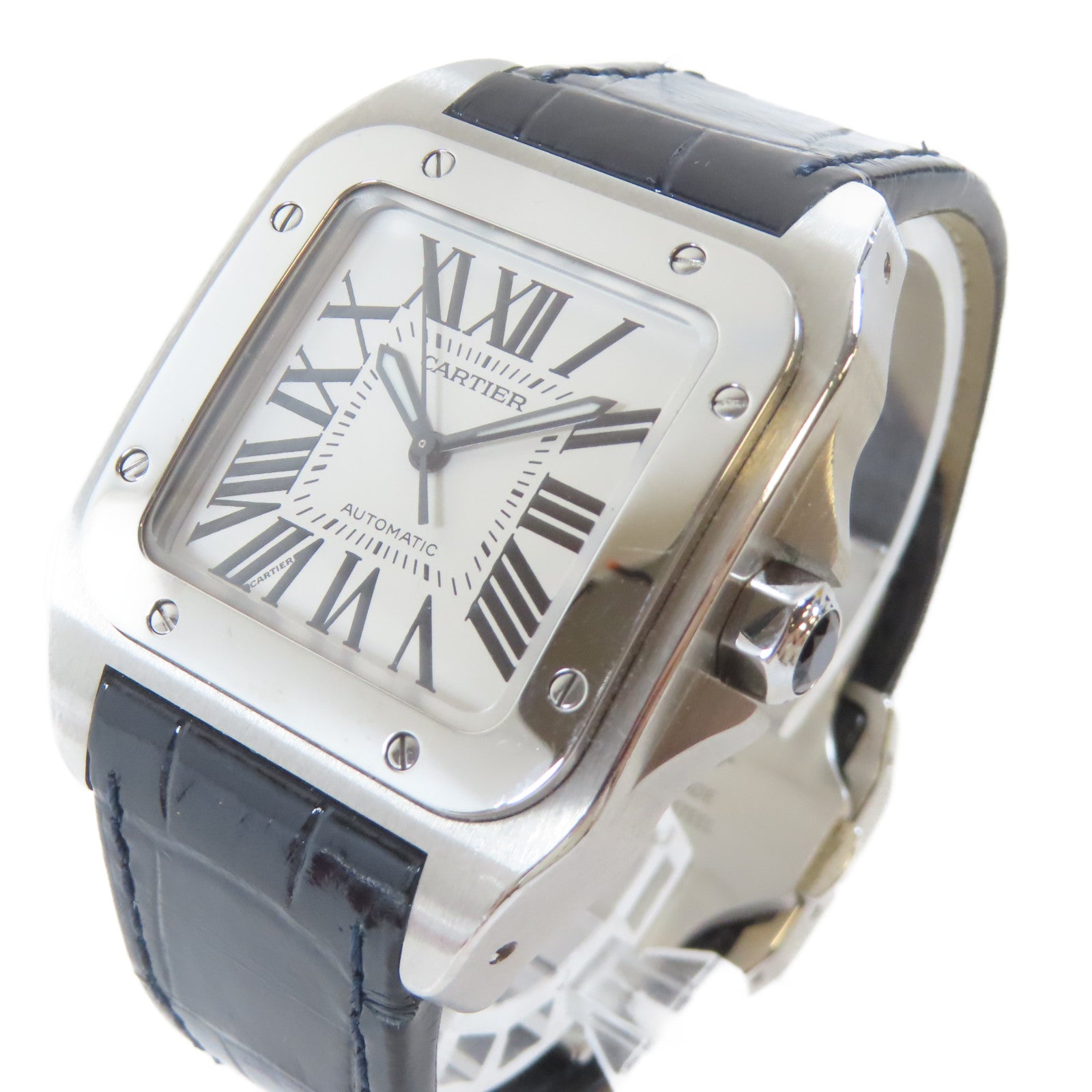 CARTIER Santos 100不鏽鋼/皮革手錶自動機芯白色#16cm