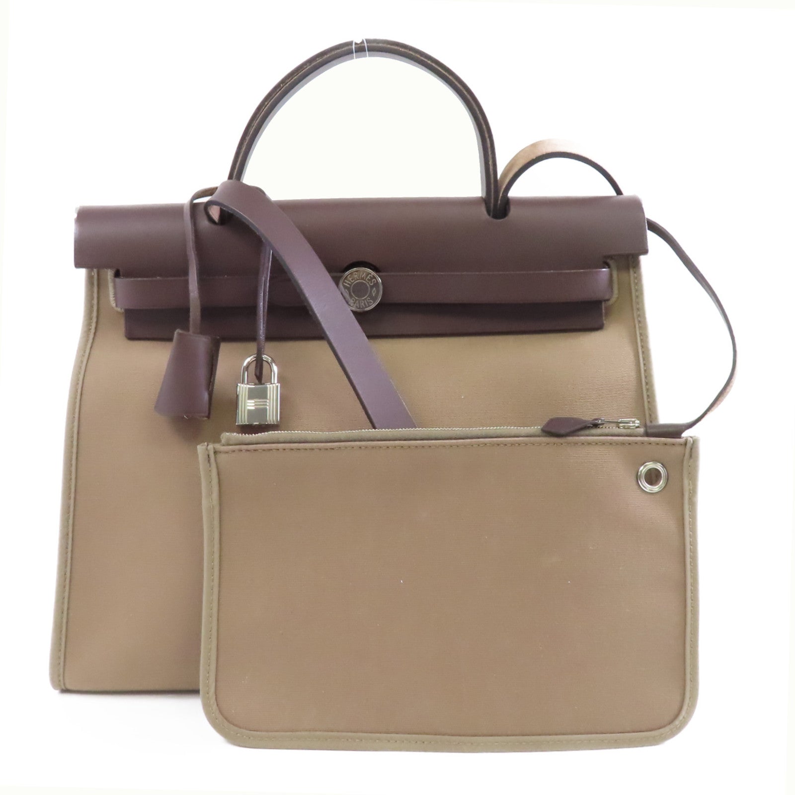 HERMES 帆布Herbag PM銀扣手挽肩背兩用袋Etoupe/米灰色