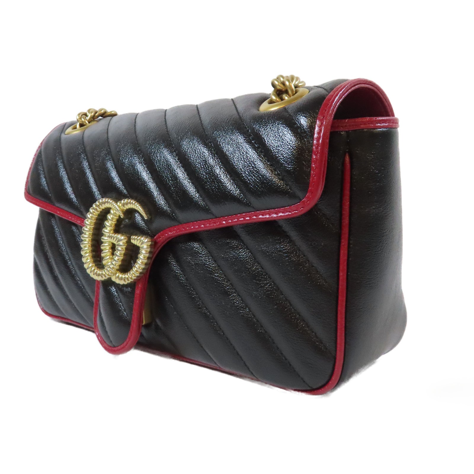 GUCCI 牛皮皮革GG Marmont金扣鏈帶肩背袋黑色/紅色