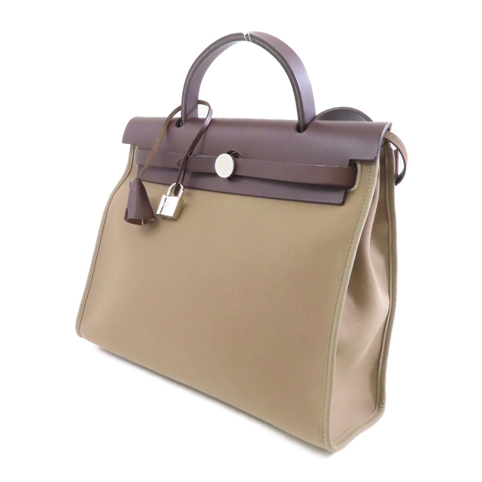HERMES 帆布Herbag PM銀扣手挽肩背兩用袋Etoupe/米灰色