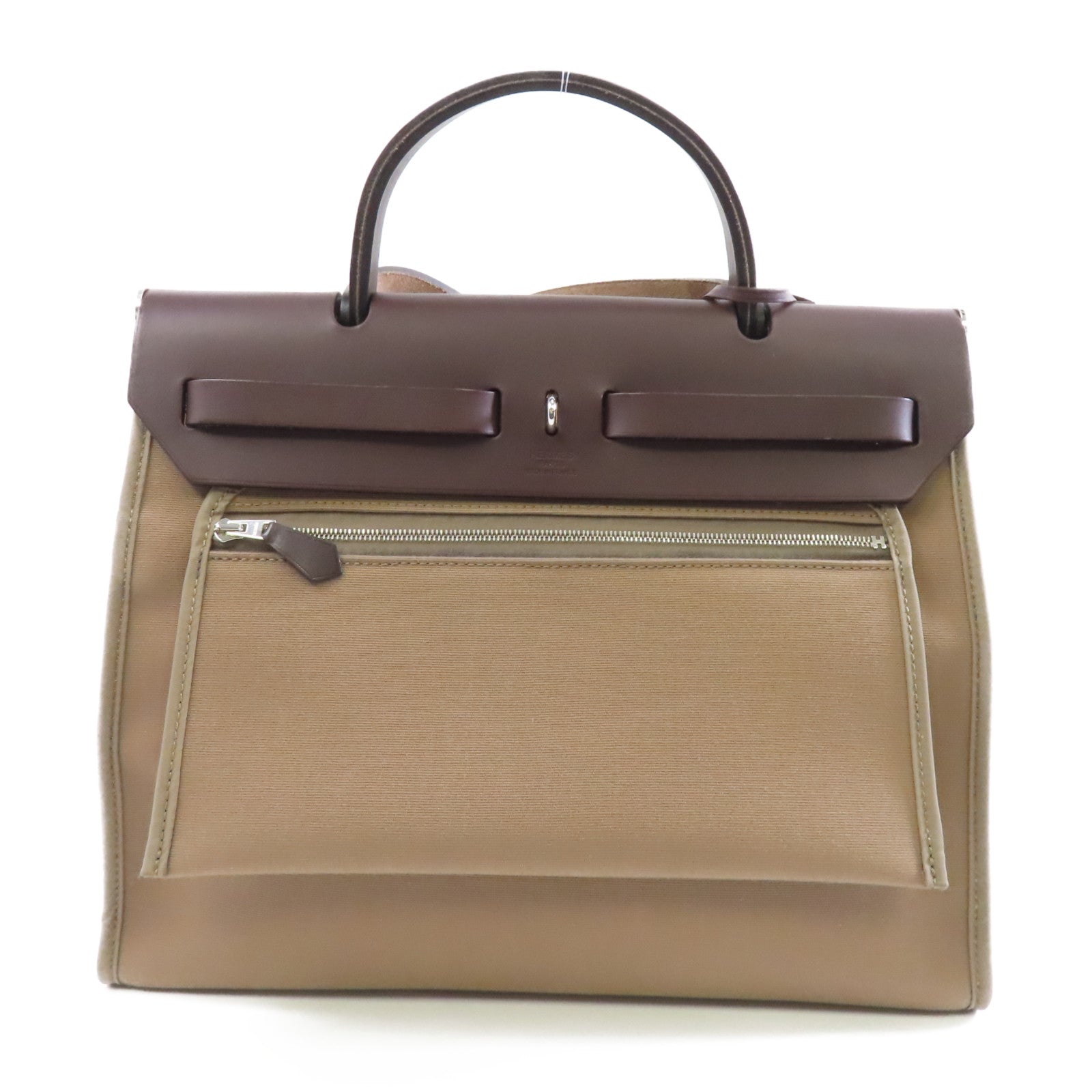 HERMES 帆布Herbag PM銀扣手挽肩背兩用袋Etoupe/米灰色