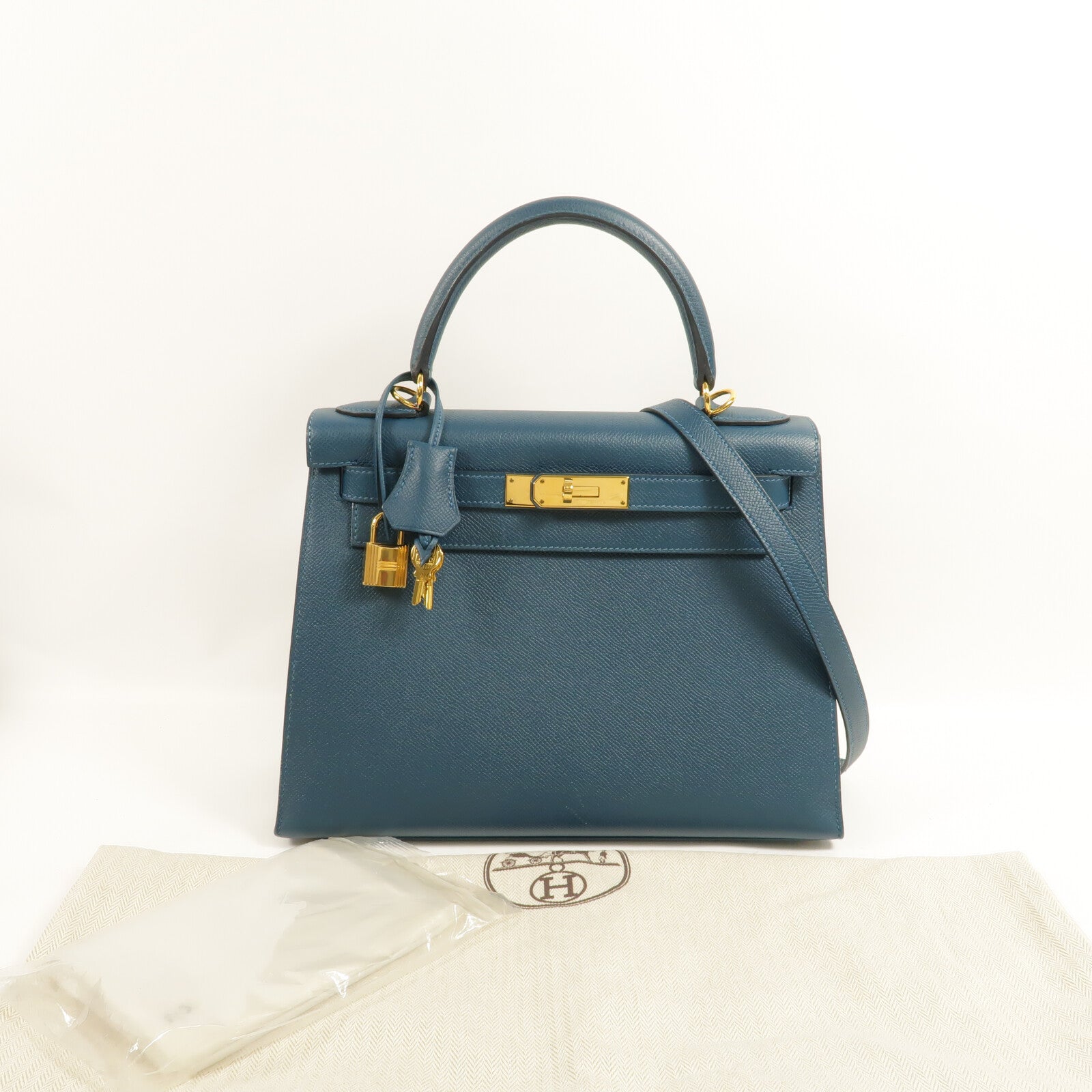 HERMES Epsom皮革Kelly 28手挽肩背兩用袋Bleu Colvert