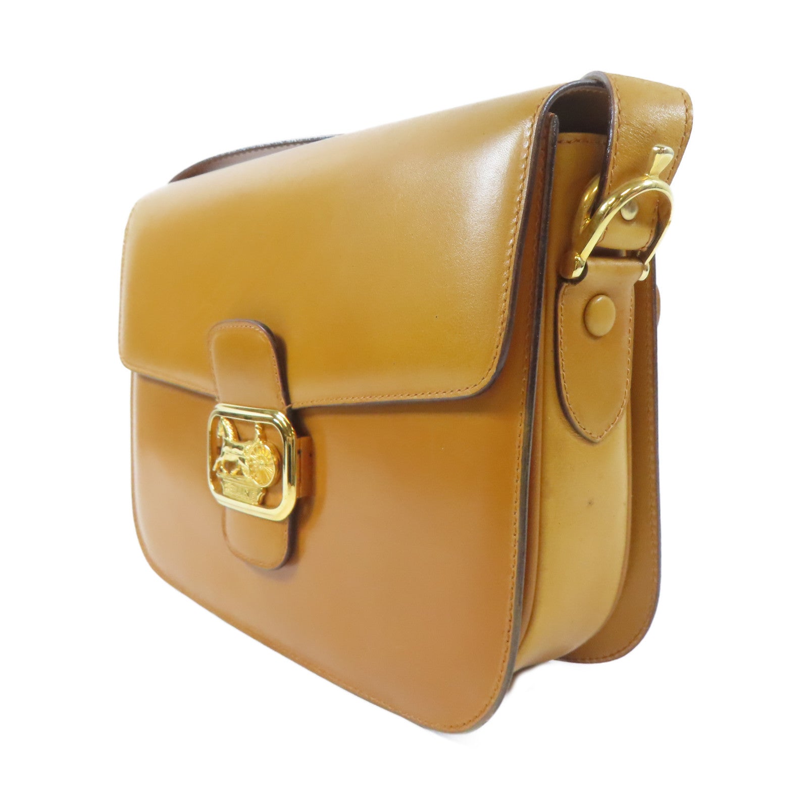 CELINE 牛皮皮革Shoulder Bag金扣金扣肩背袋啡色