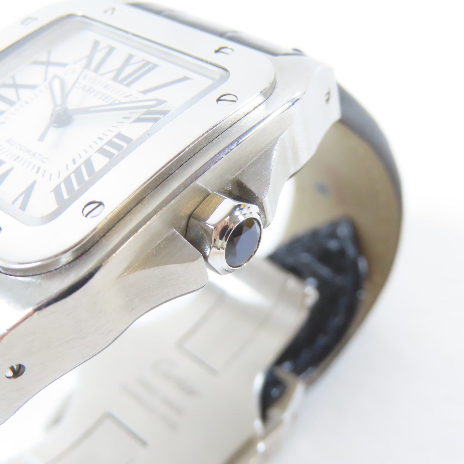 CARTIER Santos 100不鏽鋼/皮革手錶自動機芯白色#16cm