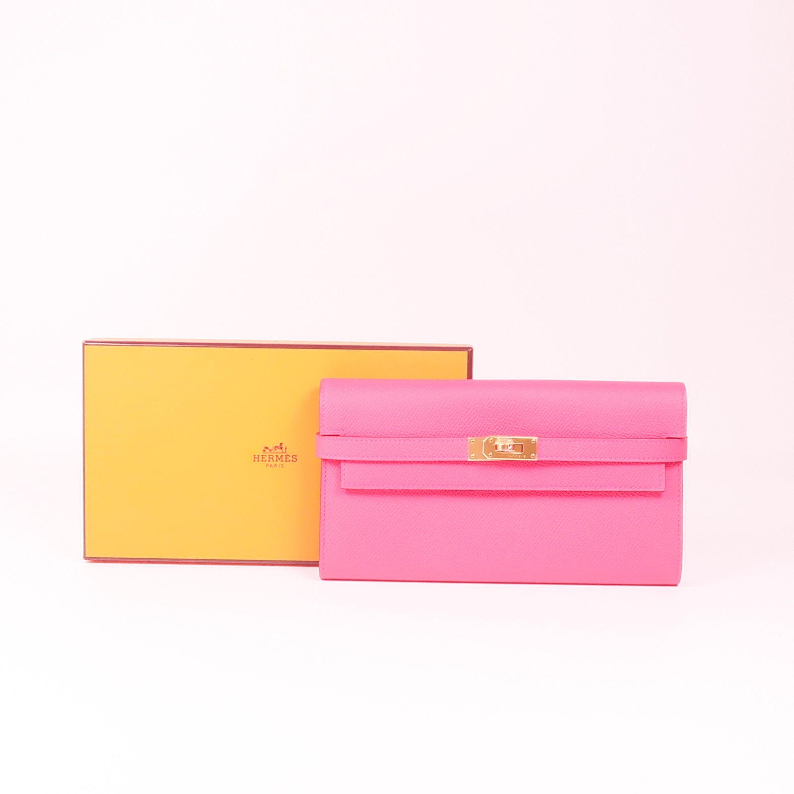 HERMES Epsom皮革Kelly Wallet金扣長錢包I6 Rose Extreme