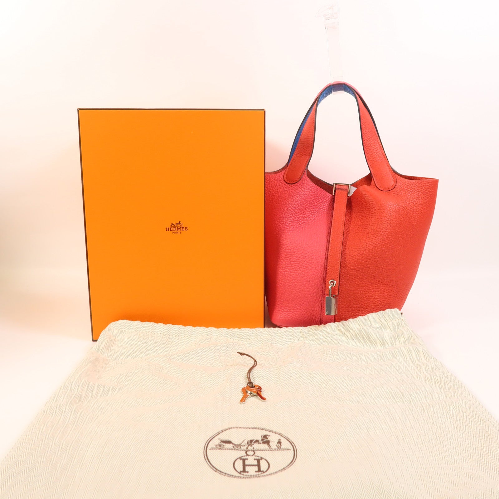 HERMES Clemence皮革Picotin PM銀扣手挽袋Rouge De Coeur/Rose Extreme/Bleu Zanzibar
