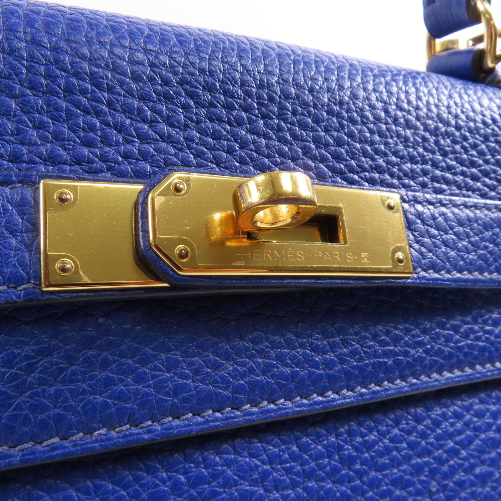 HERMES Clemence皮革Kelly 28金扣手挽肩背兩用袋71 Bleu France
