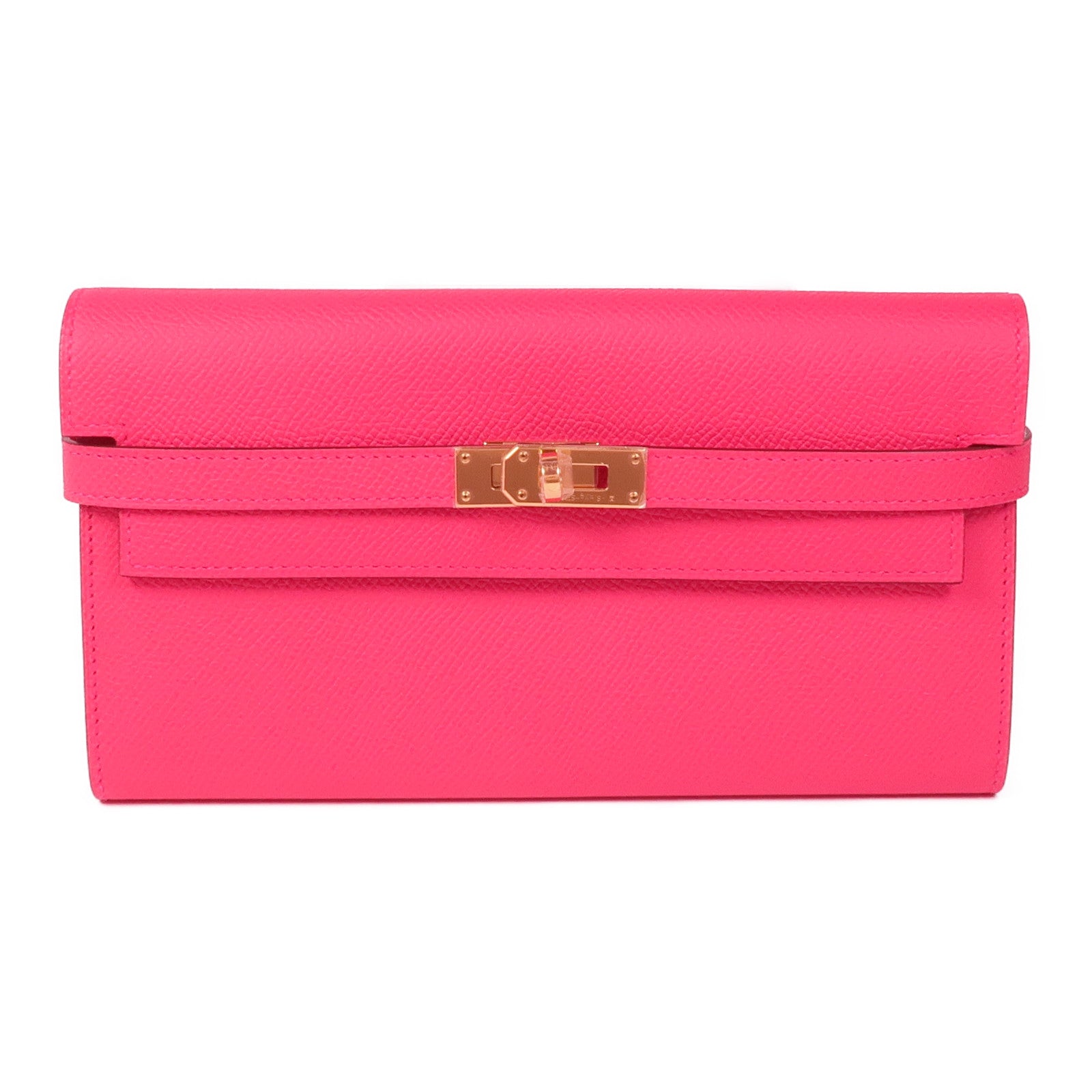 HERMES Epsom皮革Kelly Wallet金扣長錢包I6 Rose Extreme
