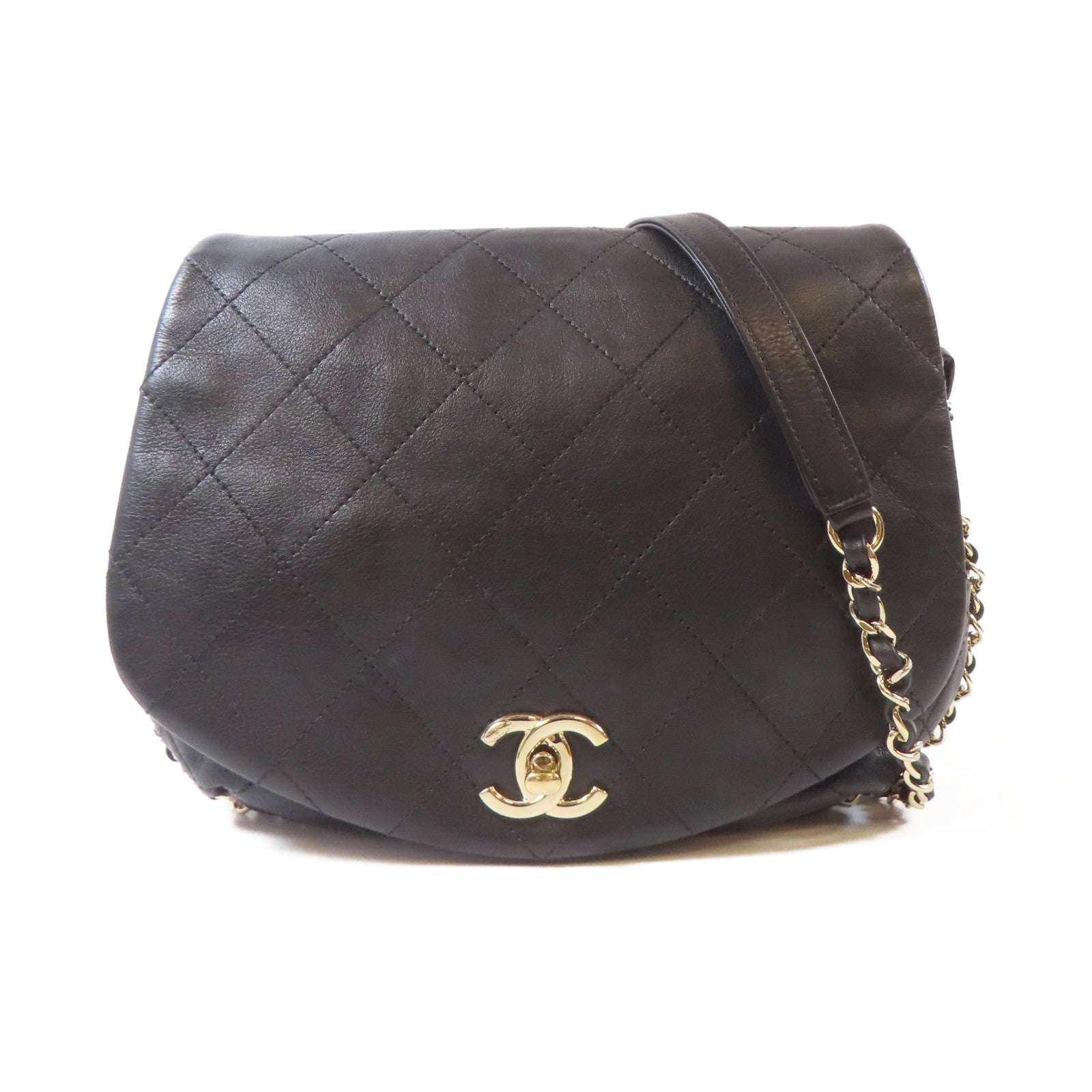 CHANEL 菱格牛皮皮革Chain Shoulder金扣鏈帶肩背袋黑色