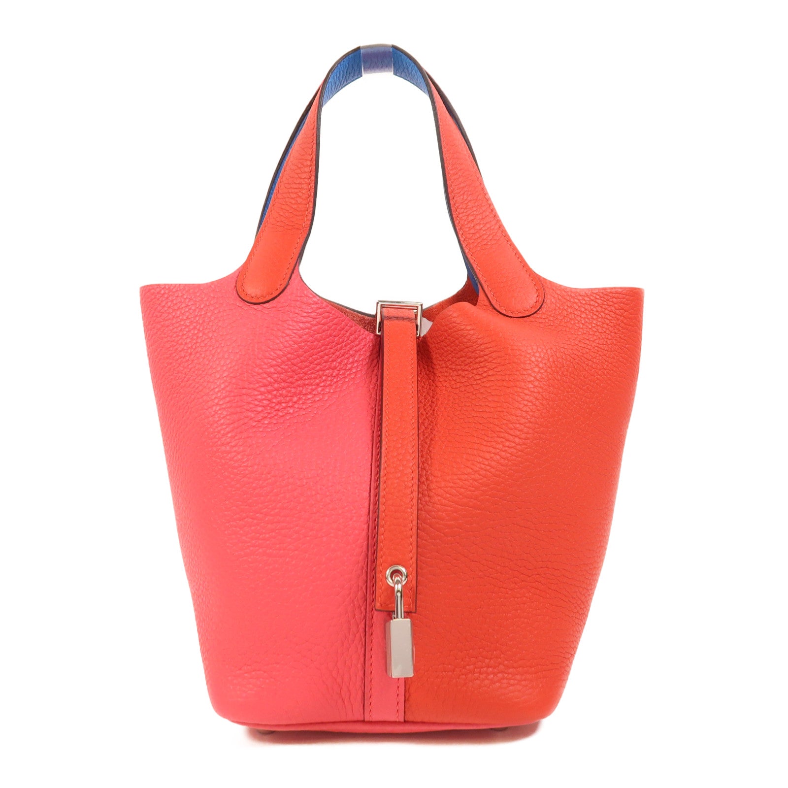 HERMES Clemence皮革Picotin PM銀扣手挽袋Rouge De Coeur/Rose Extreme/Bleu Zanzibar