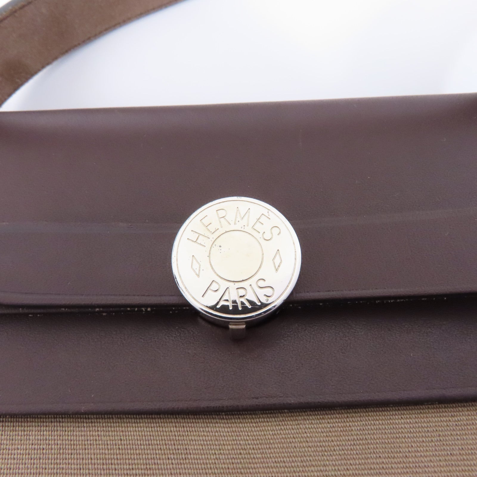 HERMES 帆布Herbag PM銀扣手挽肩背兩用袋Etoupe/米灰色