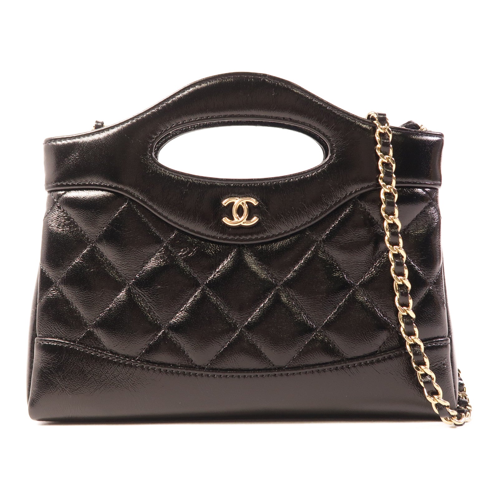 CHANEL 皮革Nano 31金扣鏈帶手挽肩背兩用袋