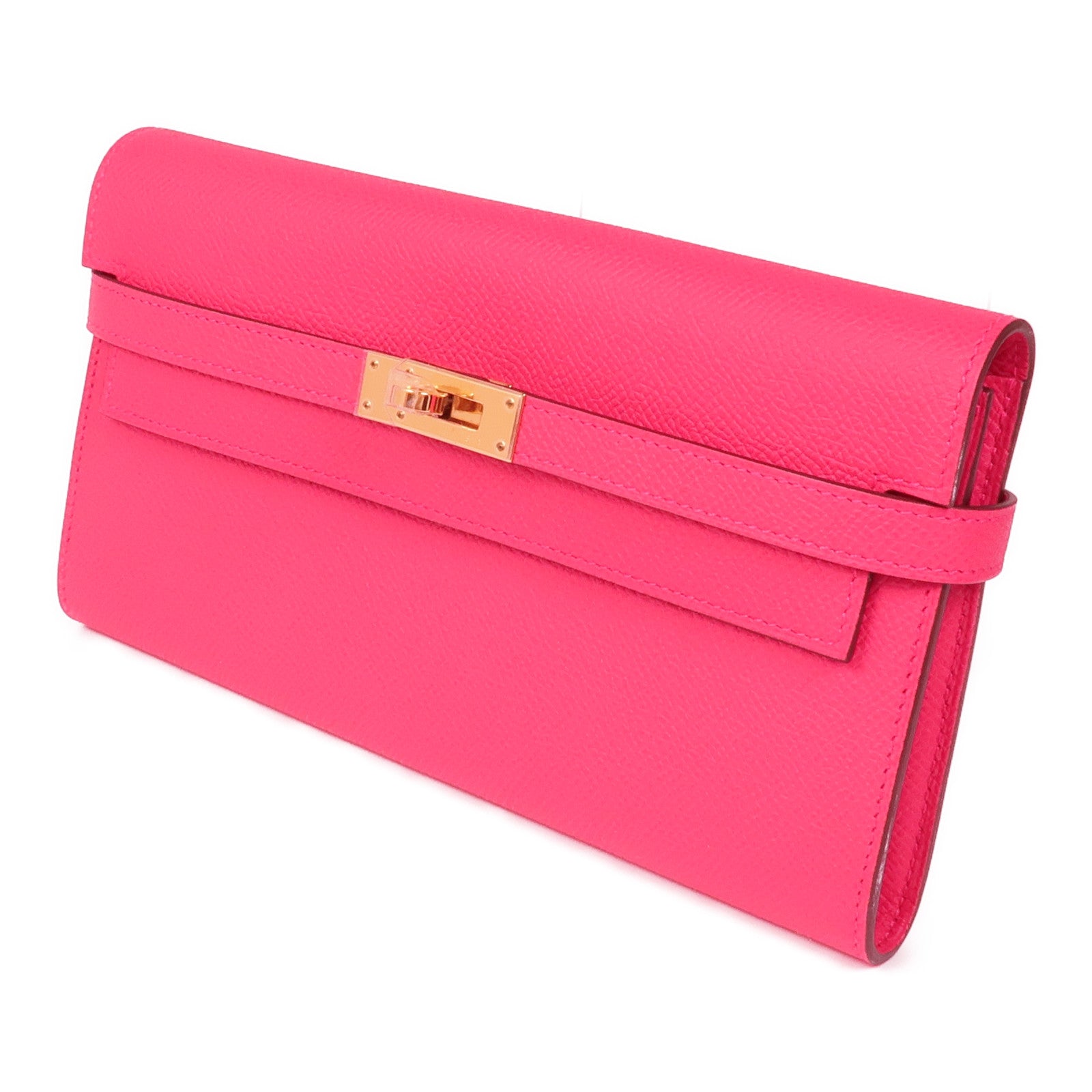 HERMES Epsom皮革Kelly Wallet金扣長錢包I6 Rose Extreme