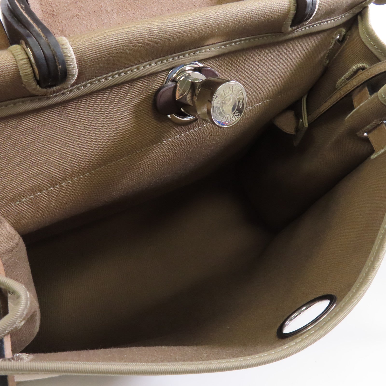 HERMES 帆布Herbag PM銀扣手挽肩背兩用袋Etoupe/米灰色