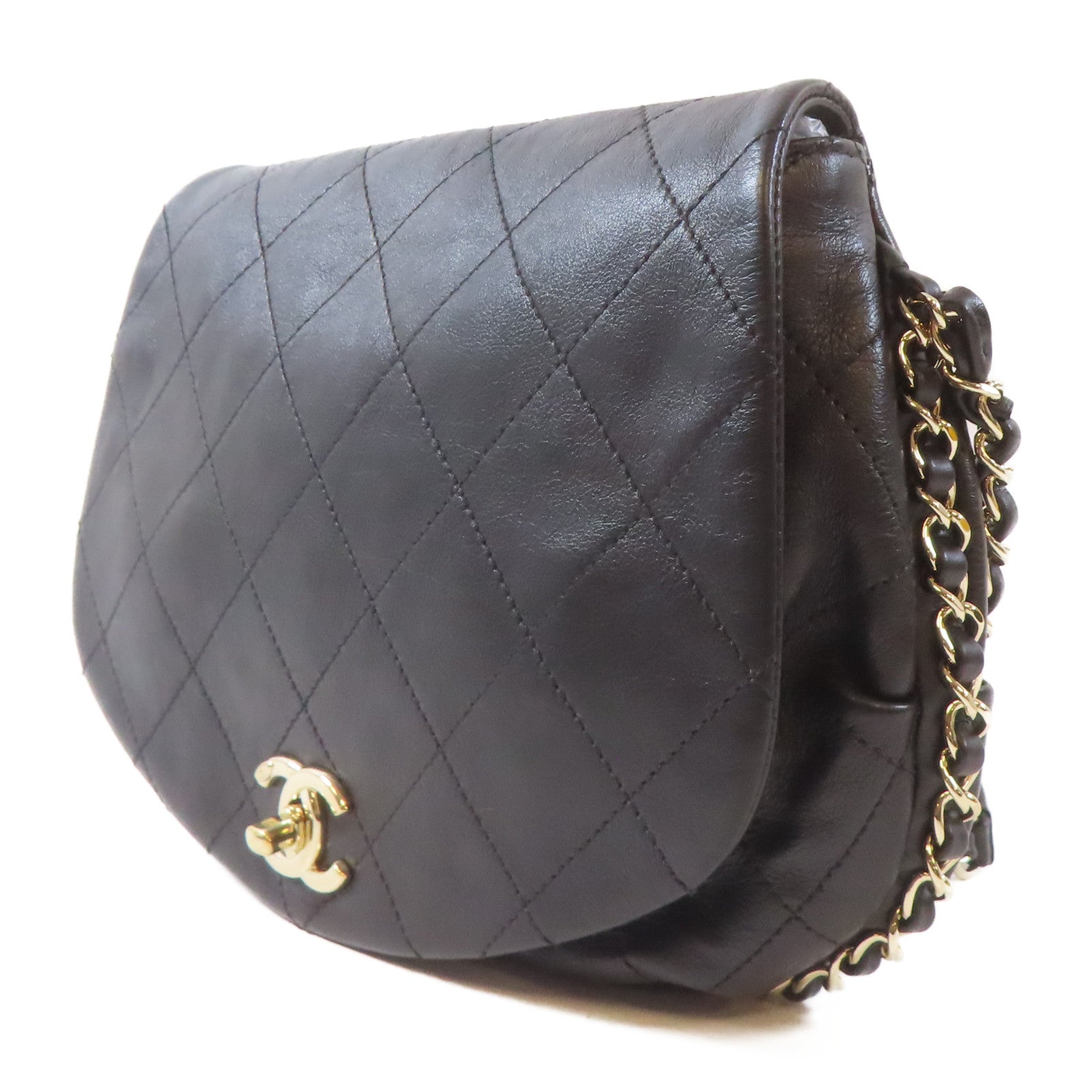 CHANEL 菱格牛皮皮革Chain Shoulder金扣鏈帶肩背袋黑色