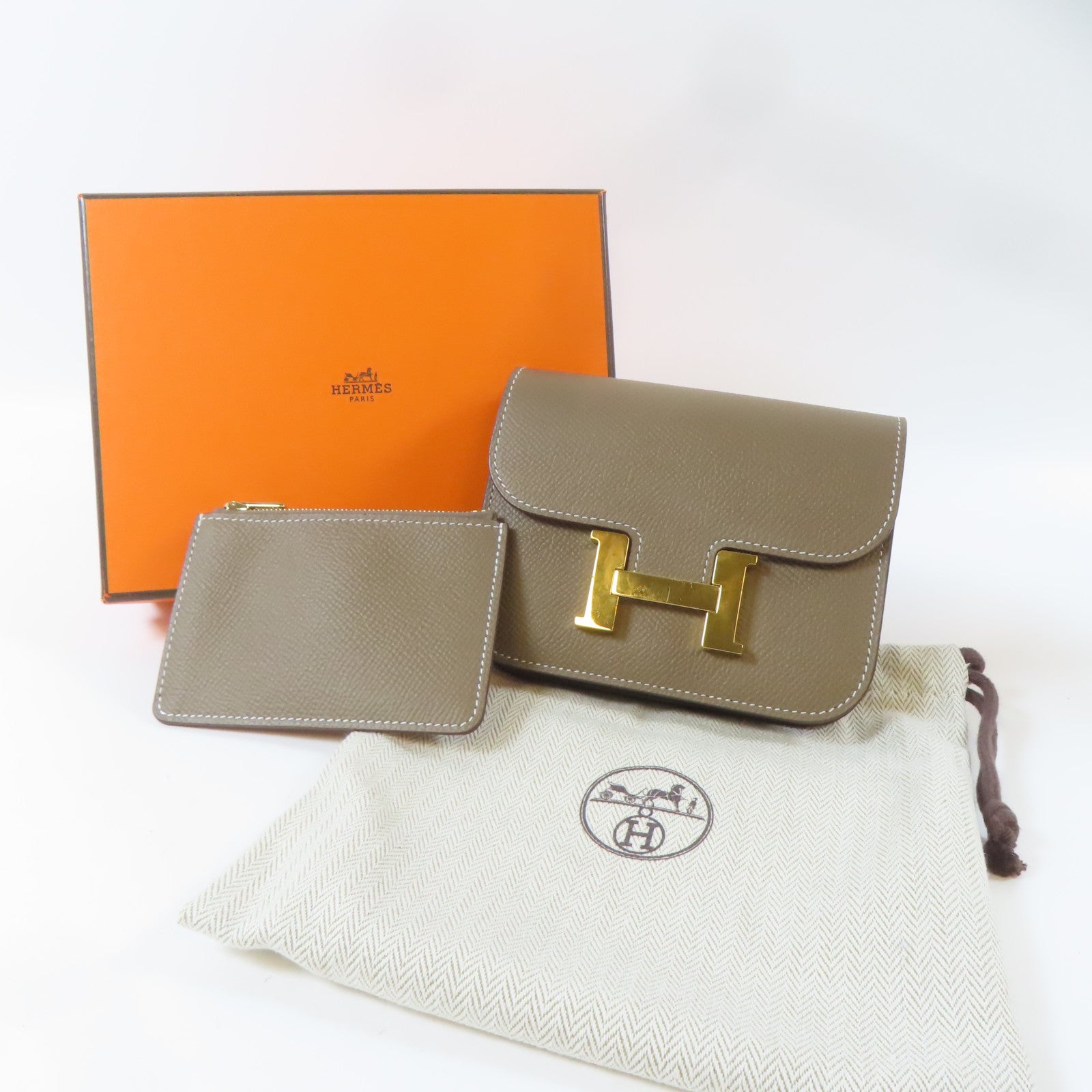 HERMES Epsom皮革Constance Slim Wallet金扣錢包Etoupe/大象灰色