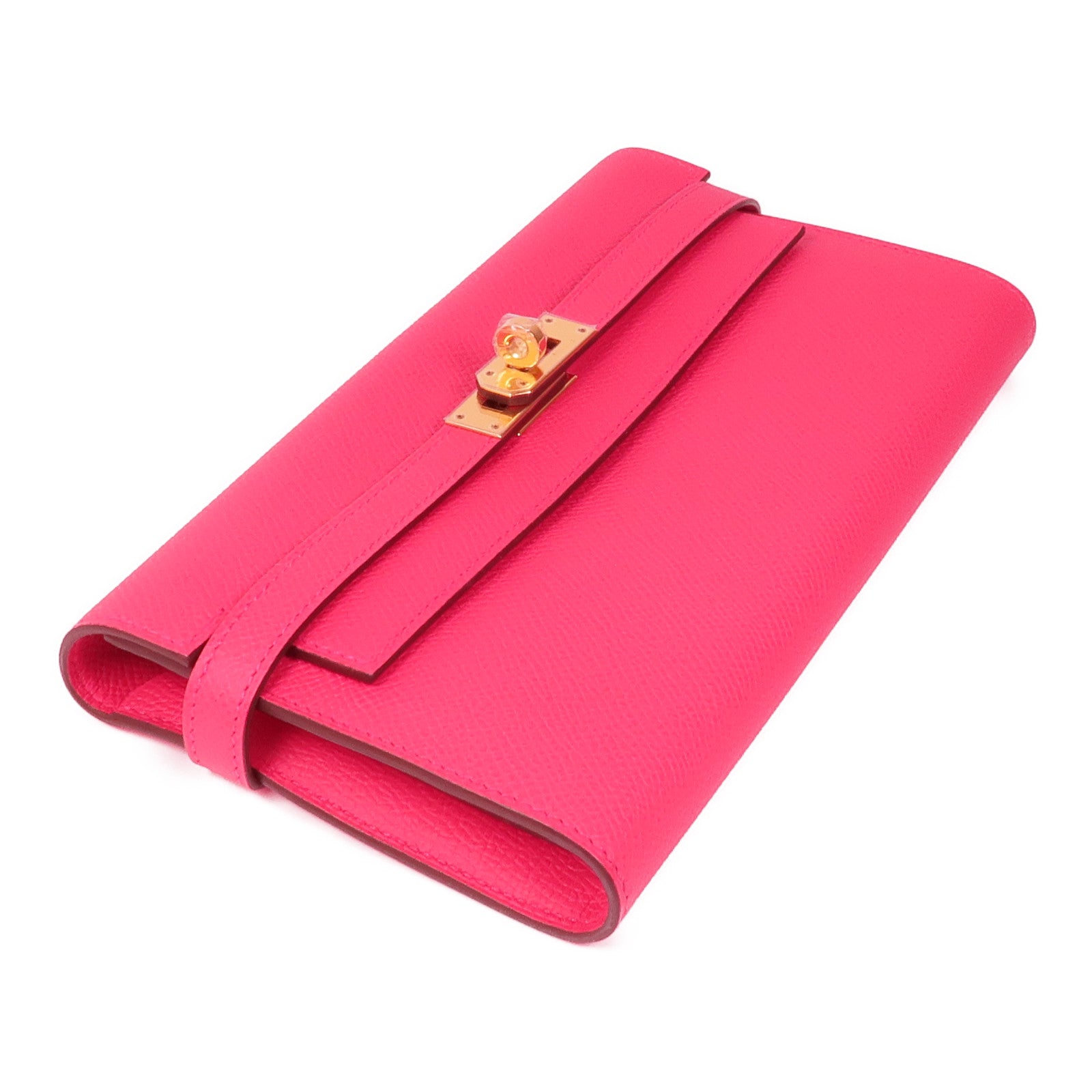 HERMES Epsom皮革Kelly Wallet金扣長錢包I6 Rose Extreme