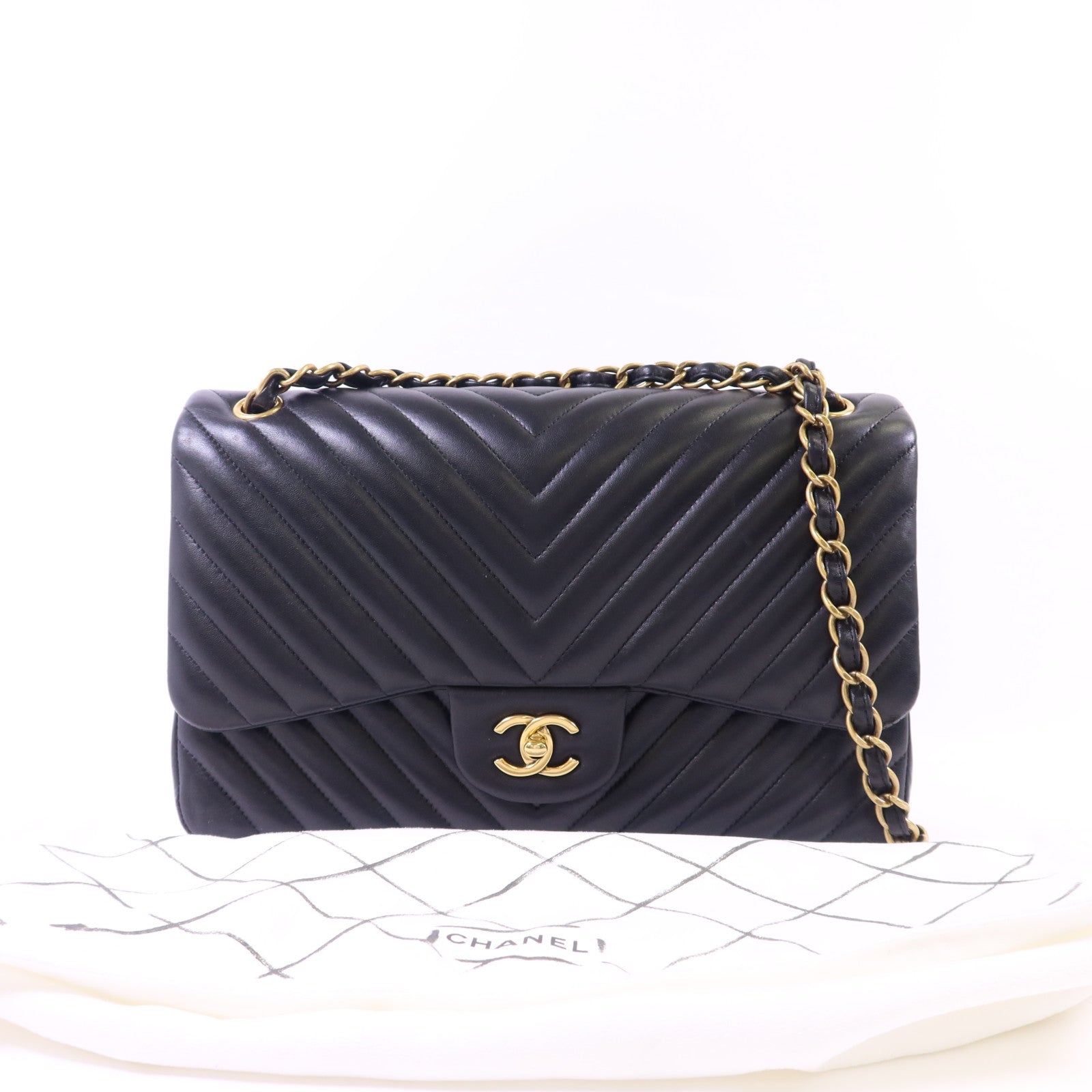 CHANEL 羊皮皮革Classic Jumbo金扣鏈帶手挽肩背兩用袋
