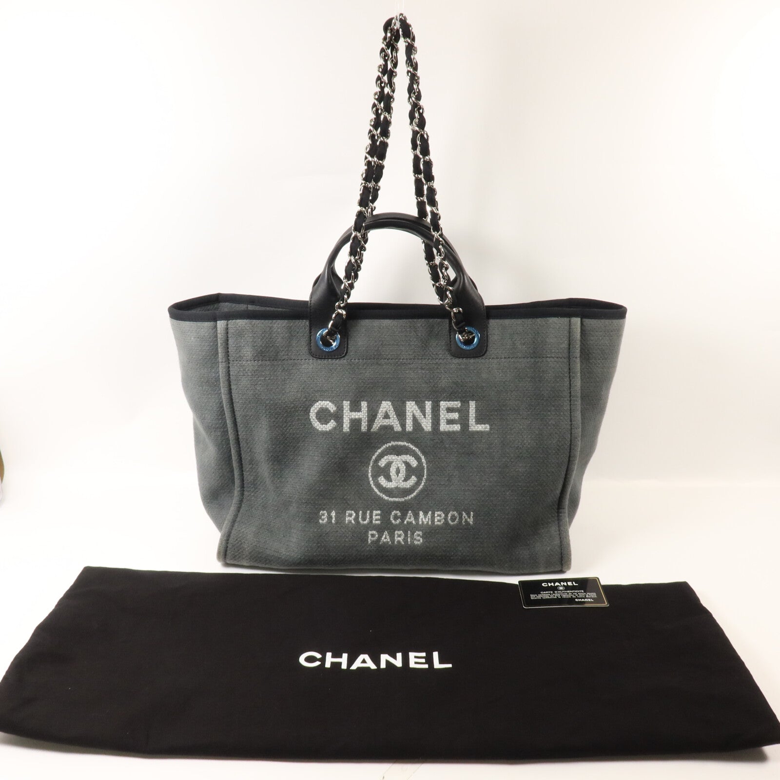 CHANEL 帆布Deauville Tote Medium鏈帶手挽肩背兩用袋
