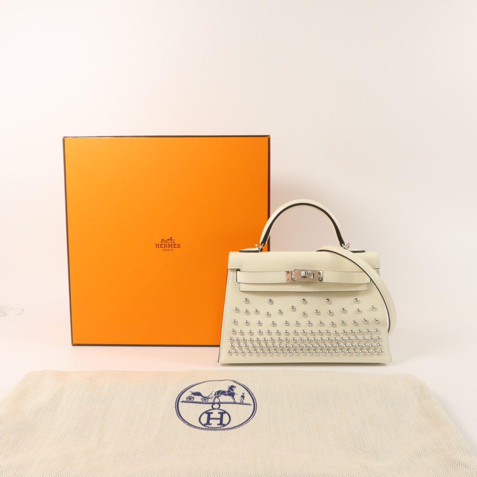 HERMES Box Calf皮革Mini Kelly II Sellier Cloute手挽肩背兩用袋Cream