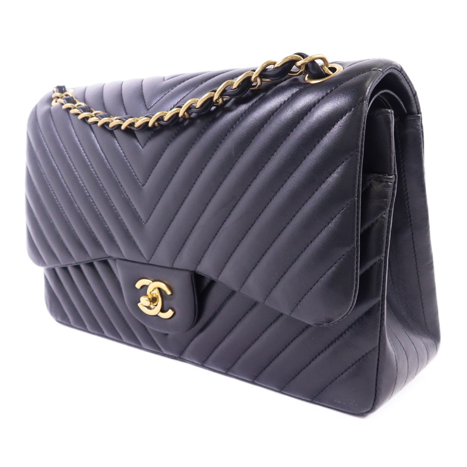 CHANEL 羊皮皮革Classic Jumbo金扣鏈帶手挽肩背兩用袋