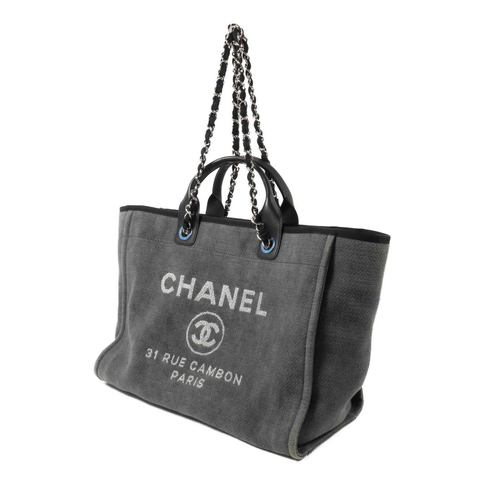 CHANEL 帆布Deauville Tote Medium鏈帶手挽肩背兩用袋