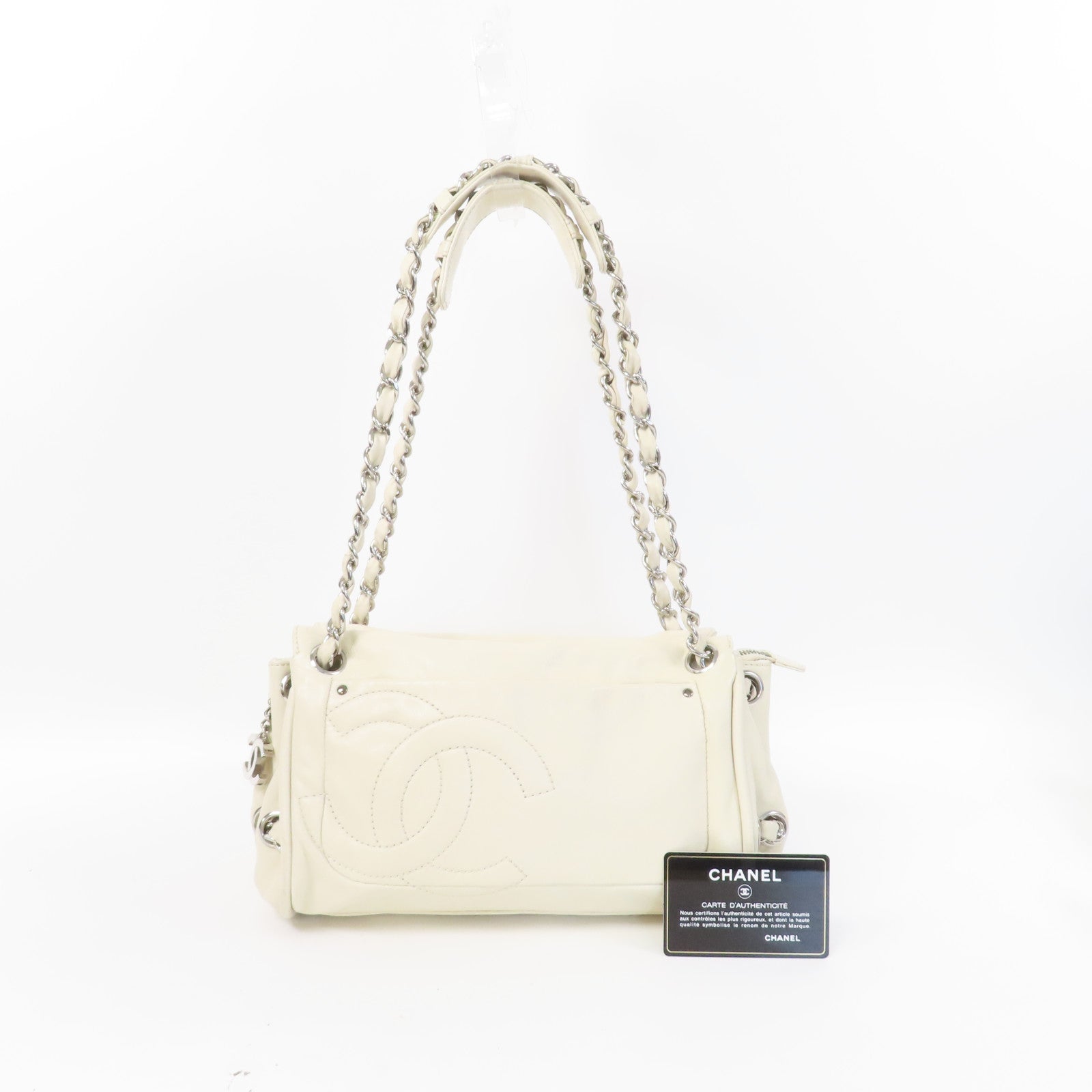 CHANEL 羊皮皮革Chain Shoulder銀扣鏈帶肩背袋白色