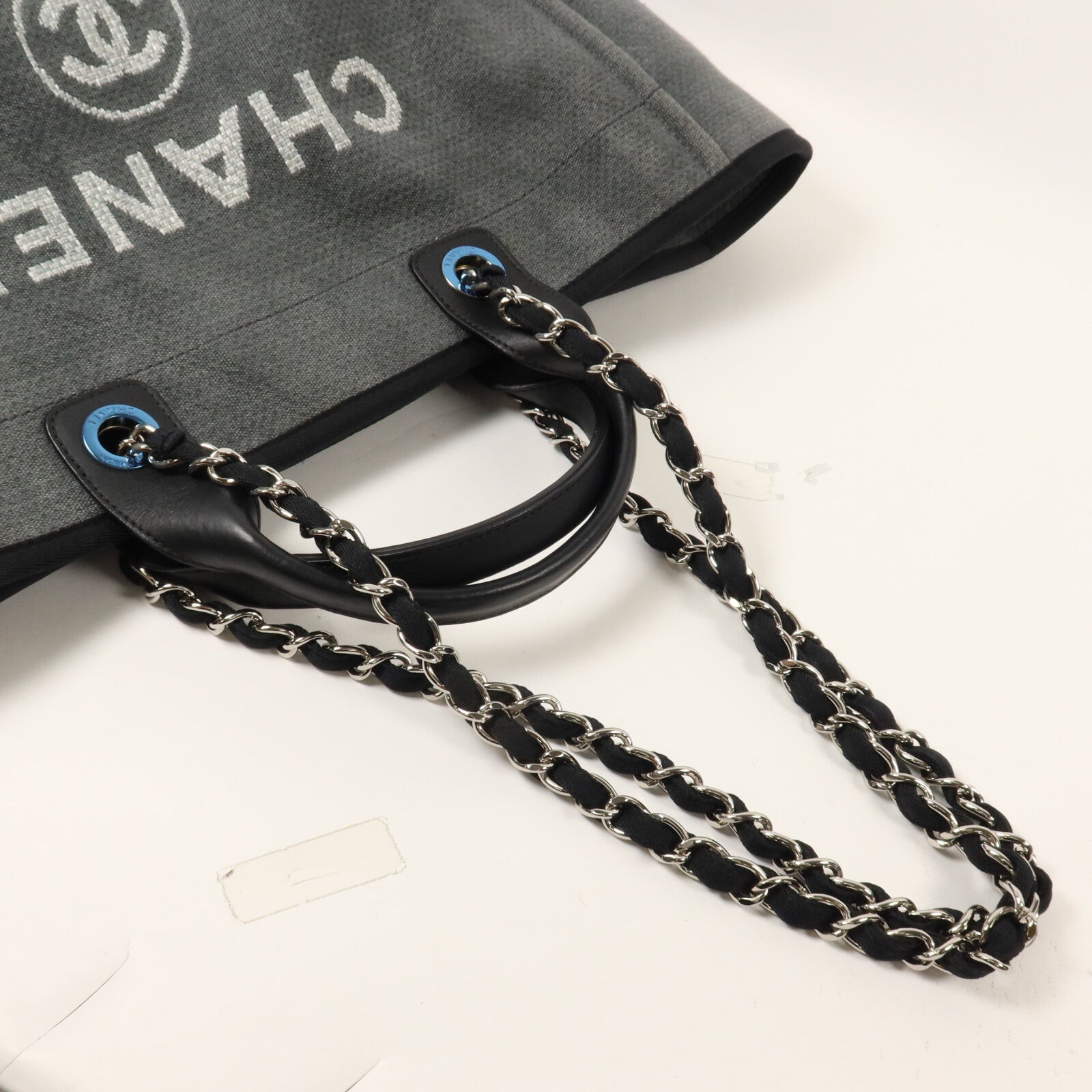 CHANEL 帆布Deauville Tote Medium鏈帶手挽肩背兩用袋