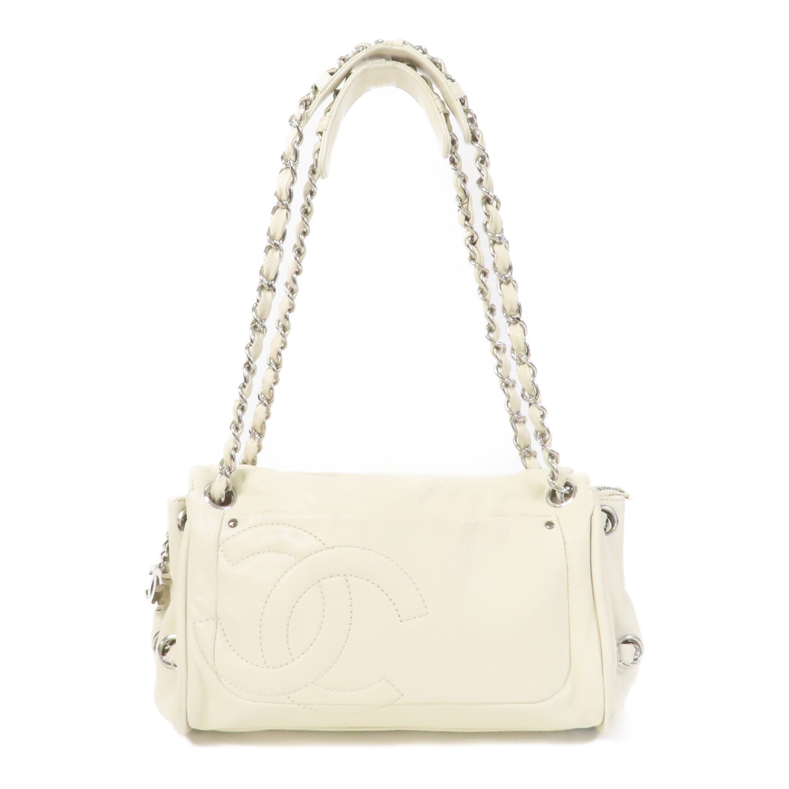 CHANEL 羊皮皮革Chain Shoulder銀扣鏈帶肩背袋白色