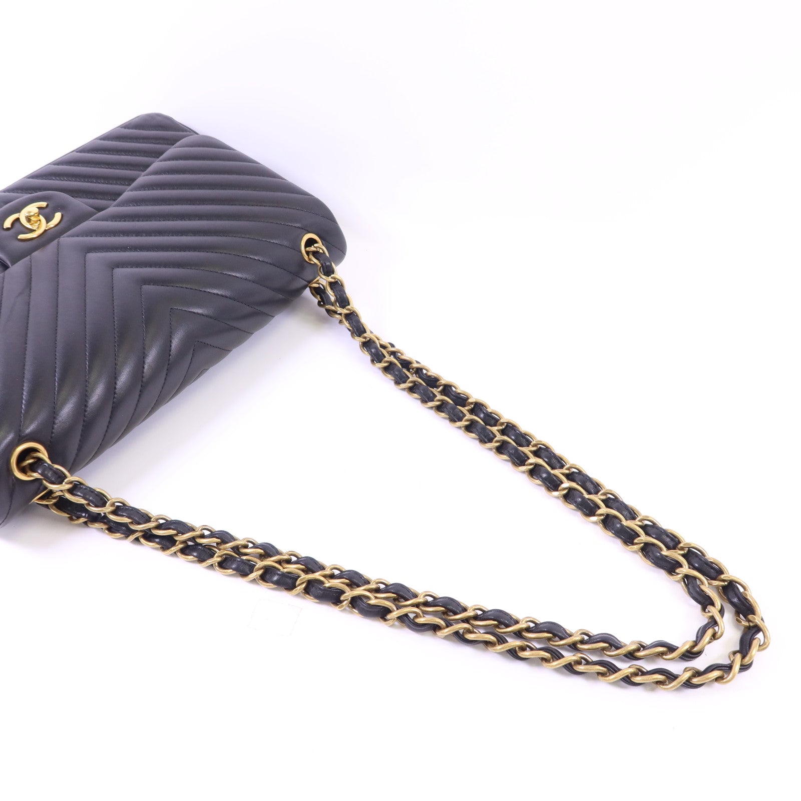 CHANEL 羊皮皮革Classic Jumbo金扣鏈帶手挽肩背兩用袋