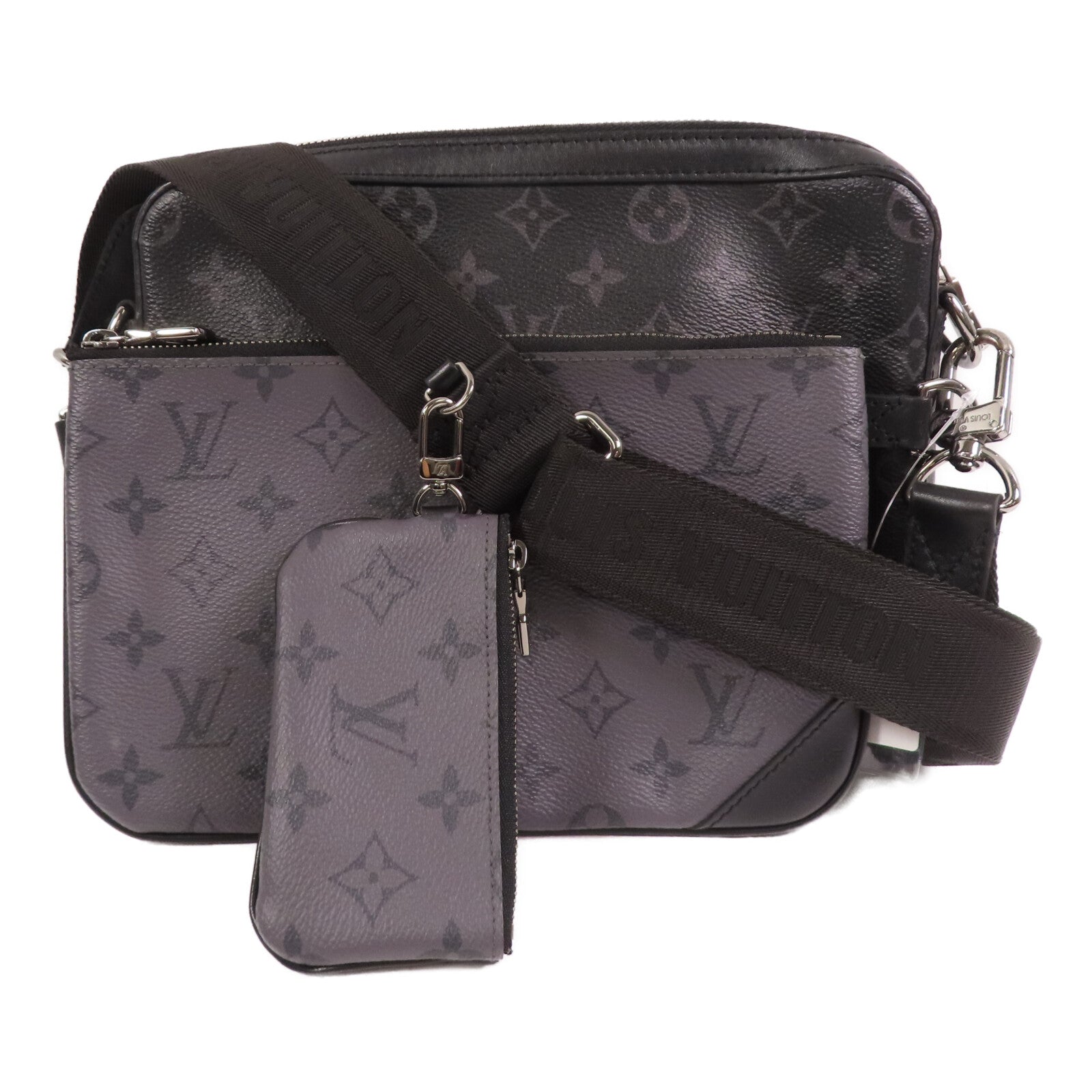 LOUIS VUITTON Monogram Eclipse Reverse Trio Messenger銀扣肩背袋灰色